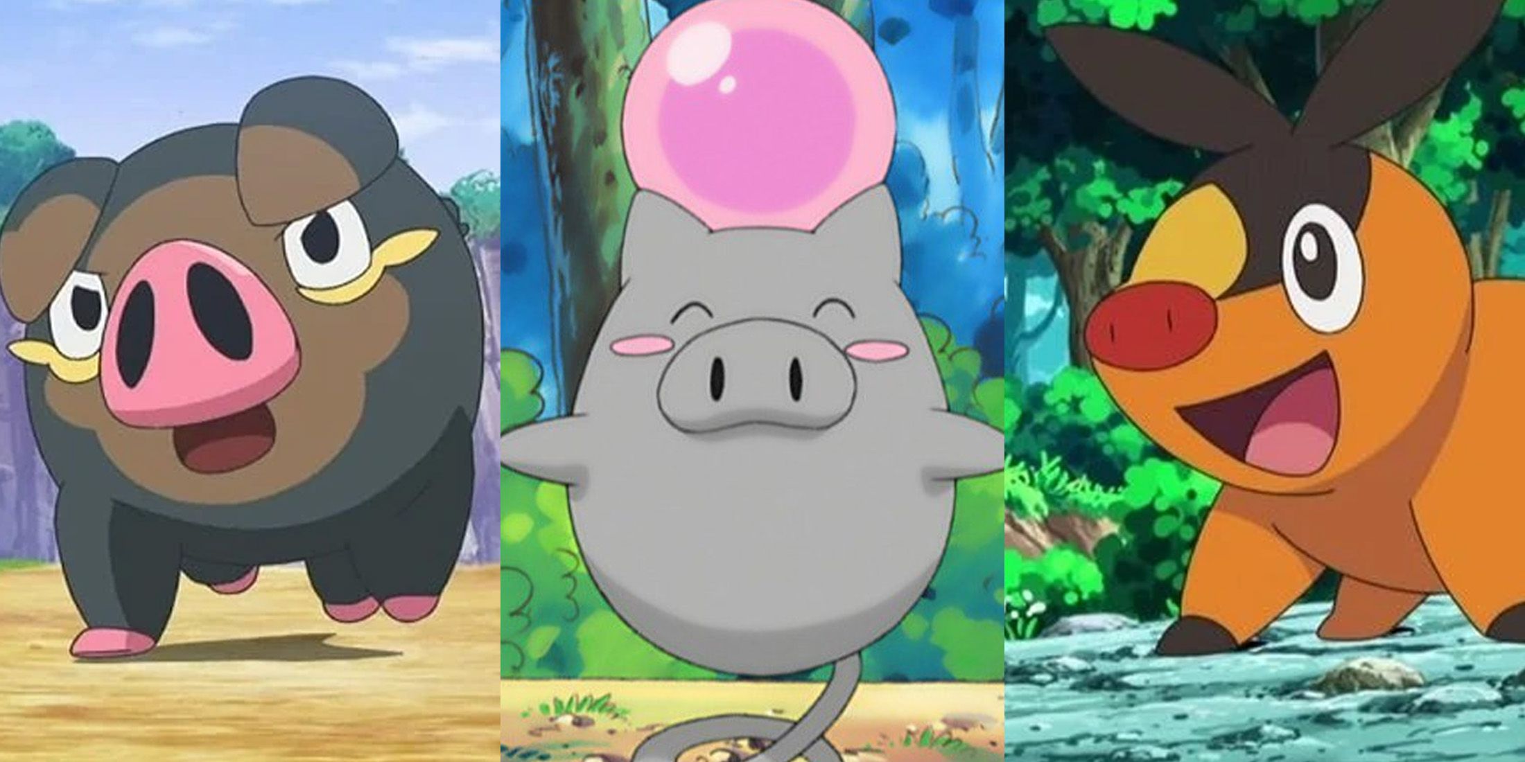 Split image screenshots of Lechonk, Spoink, and Tepig