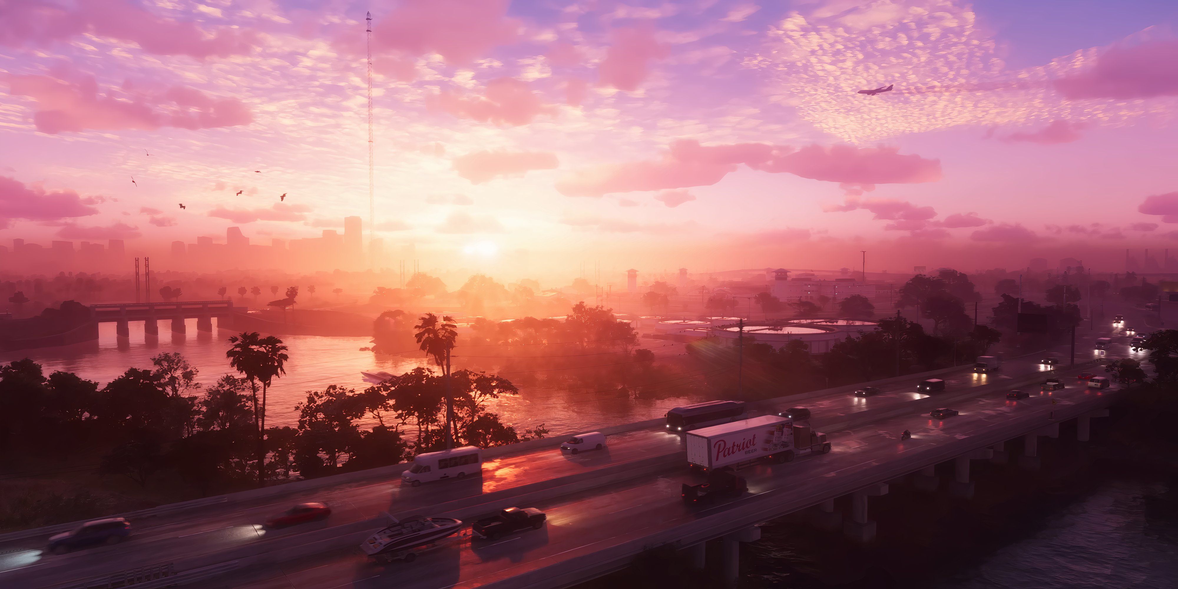 sunset over a busy highway in gta 6.