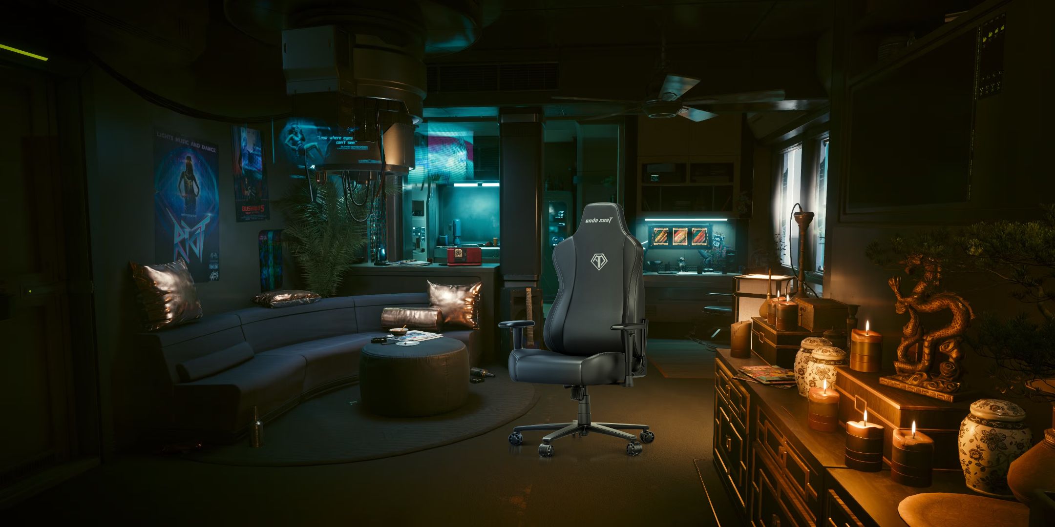 The Andasat Novos gaming chair was imposed in a scene of cyberpank 2077.