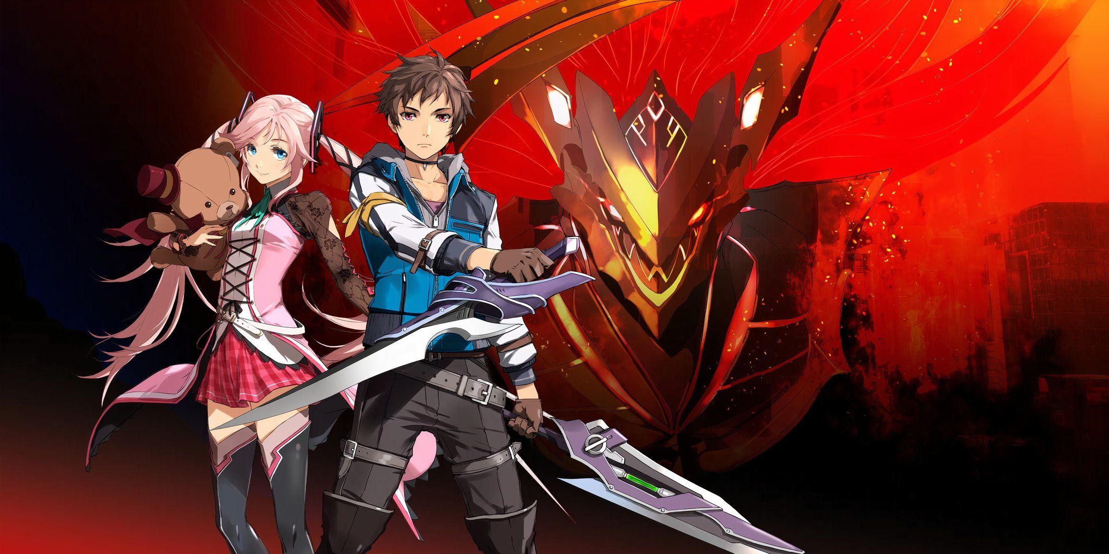 The Characters Swin Abel, Nadia Rayne and Grendel Zolga against a red background from The Legend of Heroes: Trails through Daybreak 2