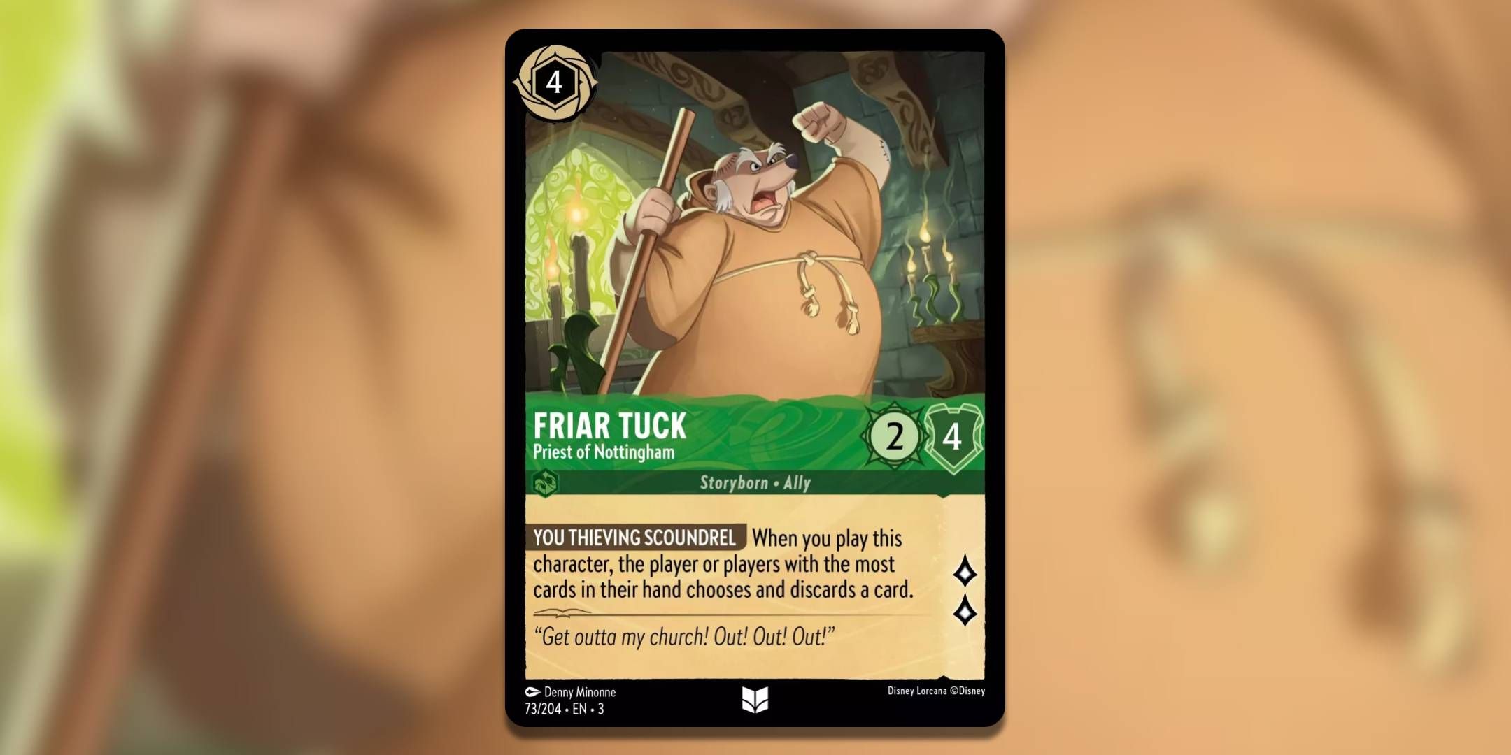 The Lorcana card Friar Tuck Priest of Nottingham by Denny Minonne.