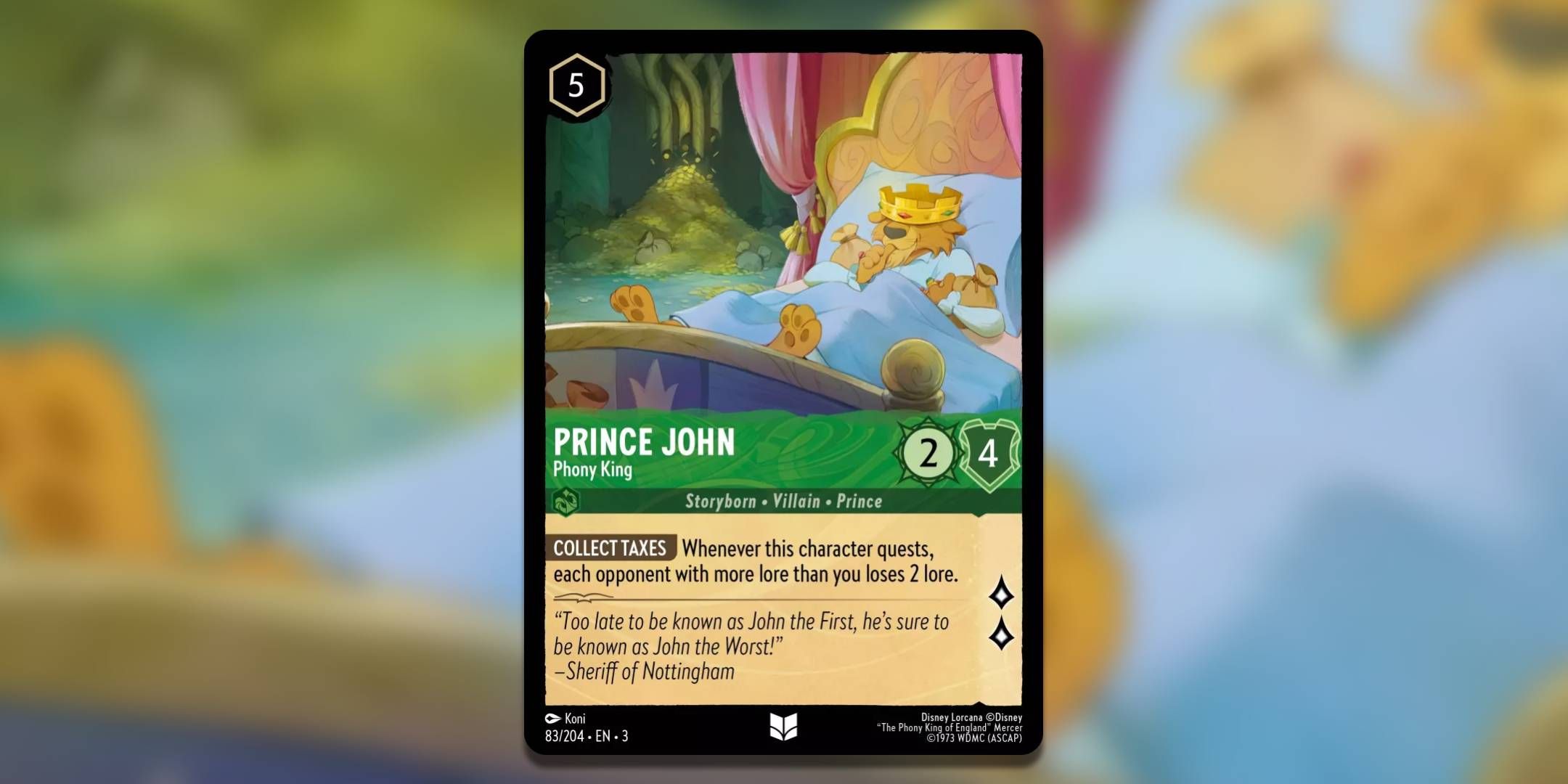 The Lorcana card Prince John Phony King by Koni.