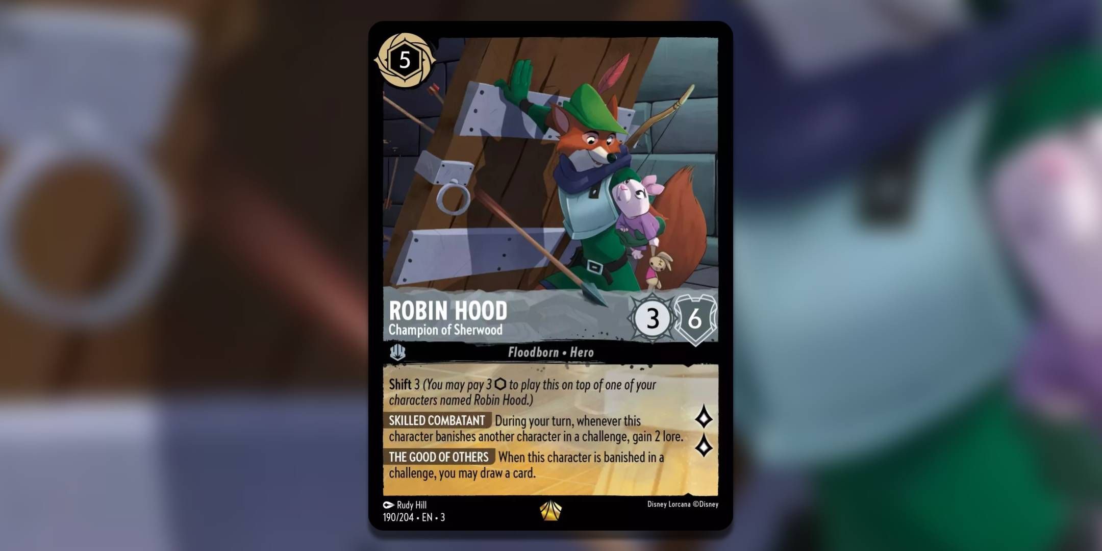 The Lorcana card Robin Hood Champion of Sherwood by Rudy Hill.