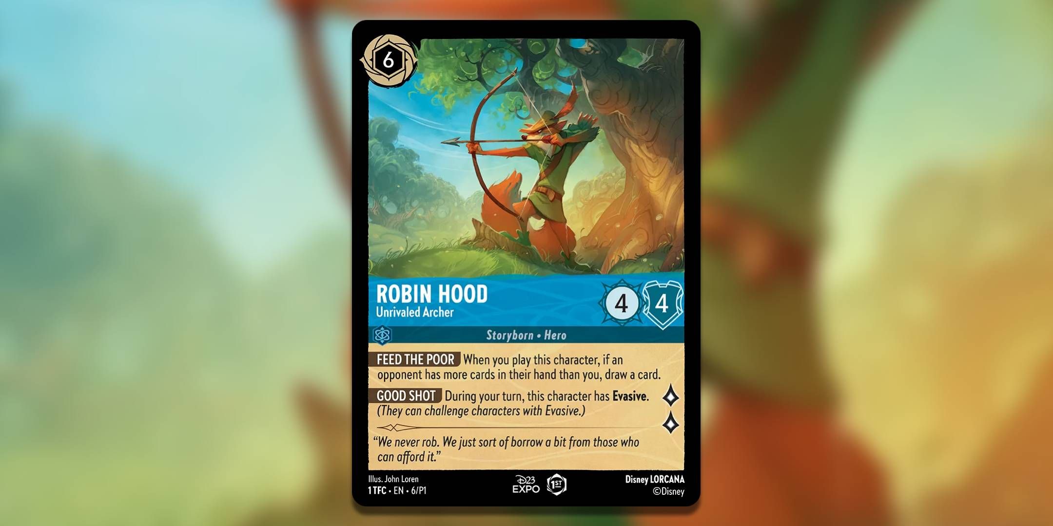 The Lorcana card Robin Hood Unrivaled Archer by John Loren.