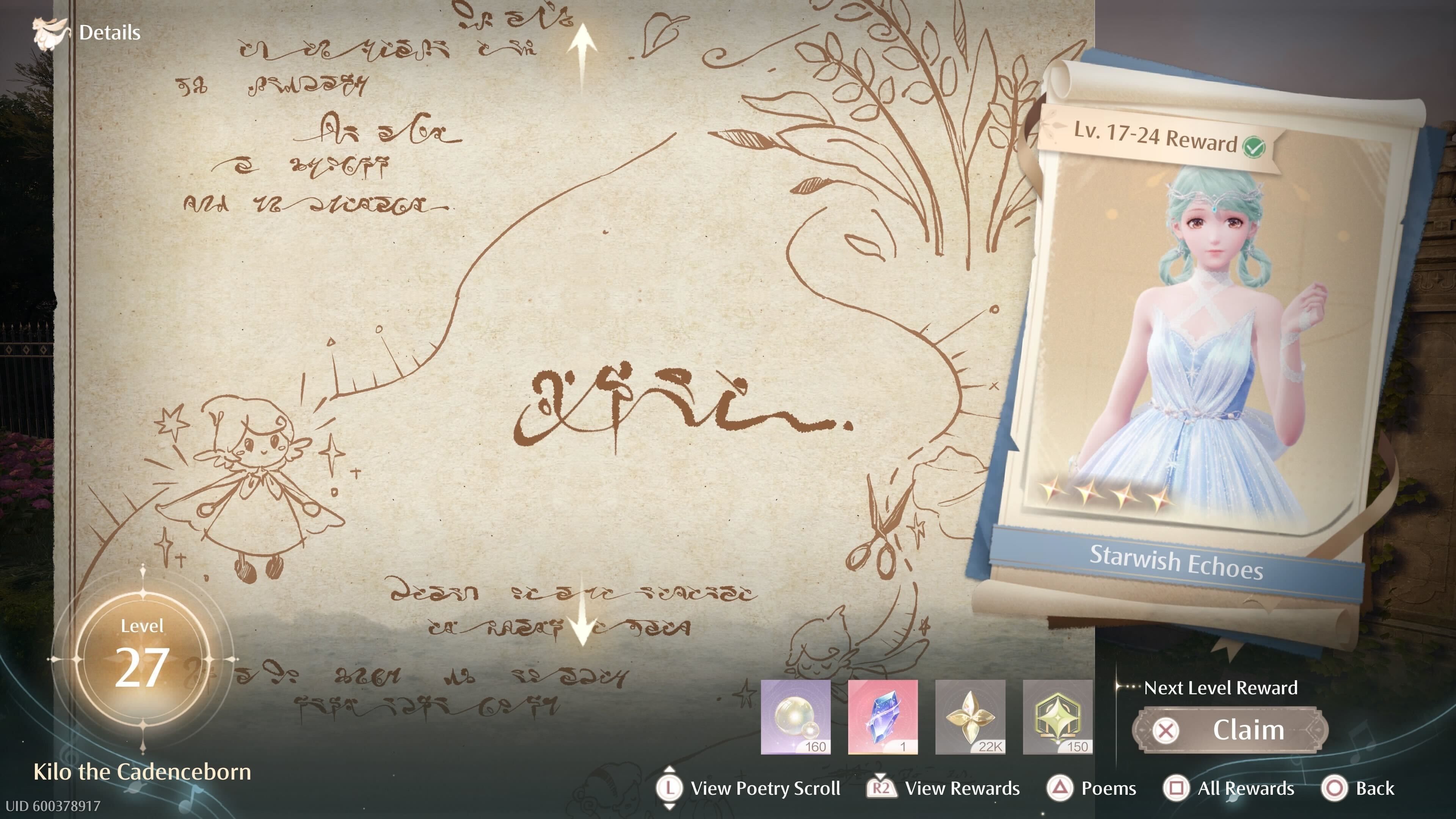 The Starwish Echoes stylish outfit from Kilo the Cadenceborn between levels 17-24 of returning Dews of Inspiration in Infinity Nikki.