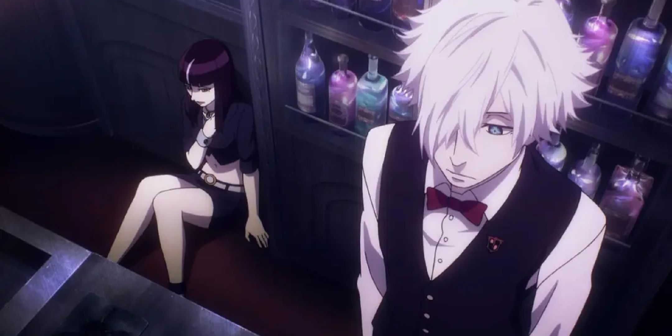 The two main characters of Death Parade behind a bar.