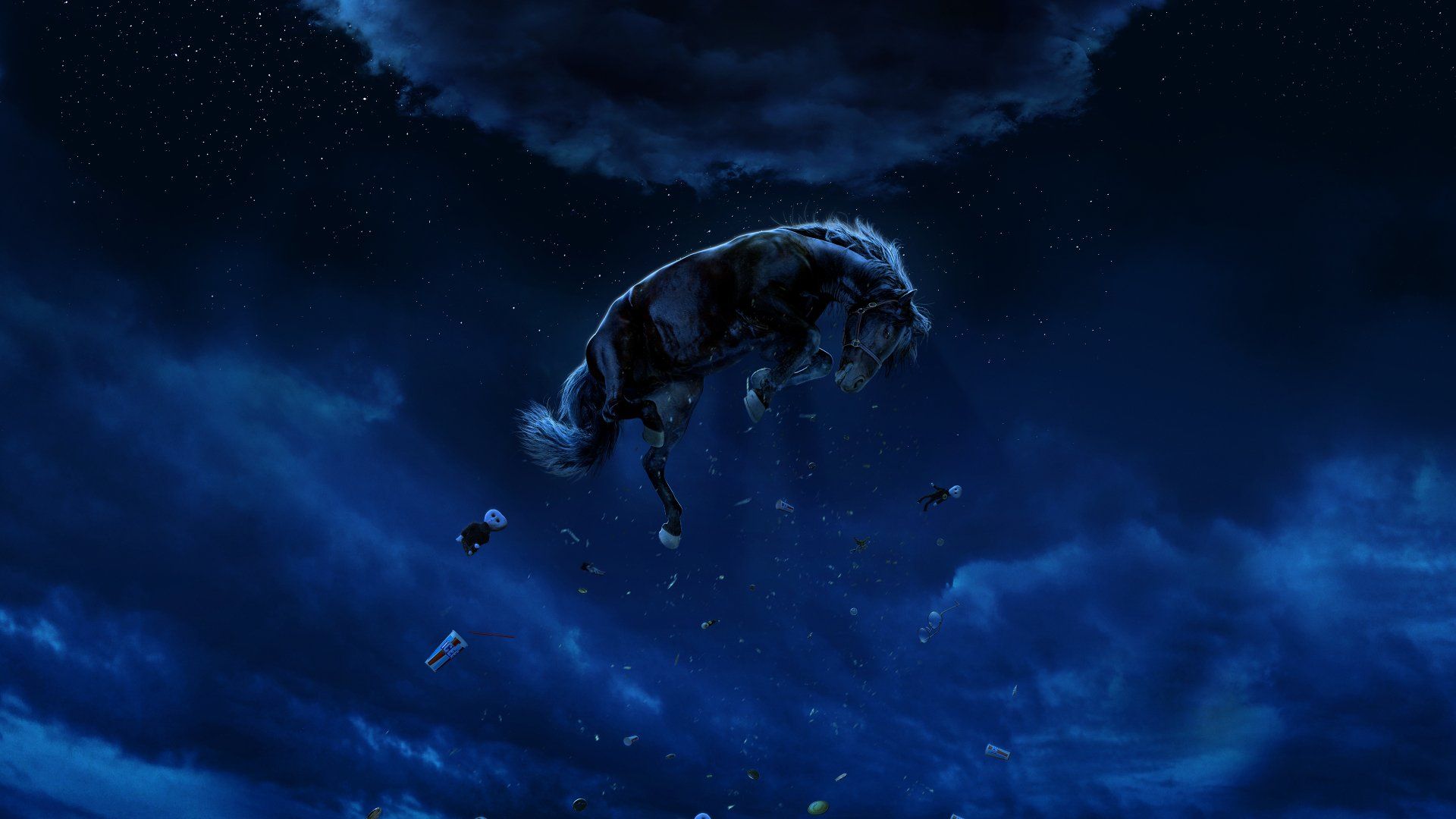 Nope movie poster of a horse getting pulled up by UFO.