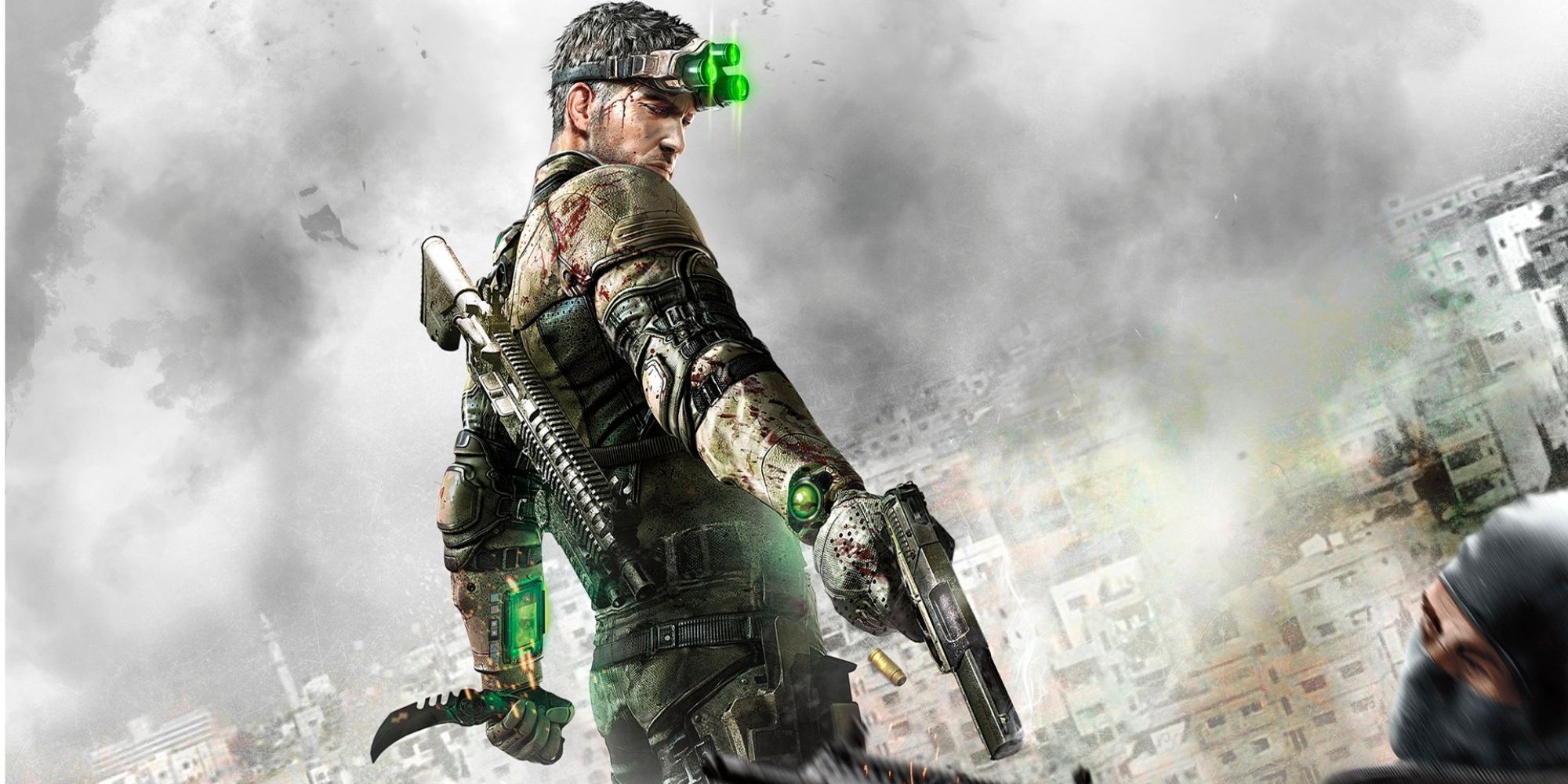 Sam Fisher aiming his pistol and shooting at an enemy, with blood splattering in Tom Clancy&rsquo;s Spinter Cell: Blacklist.