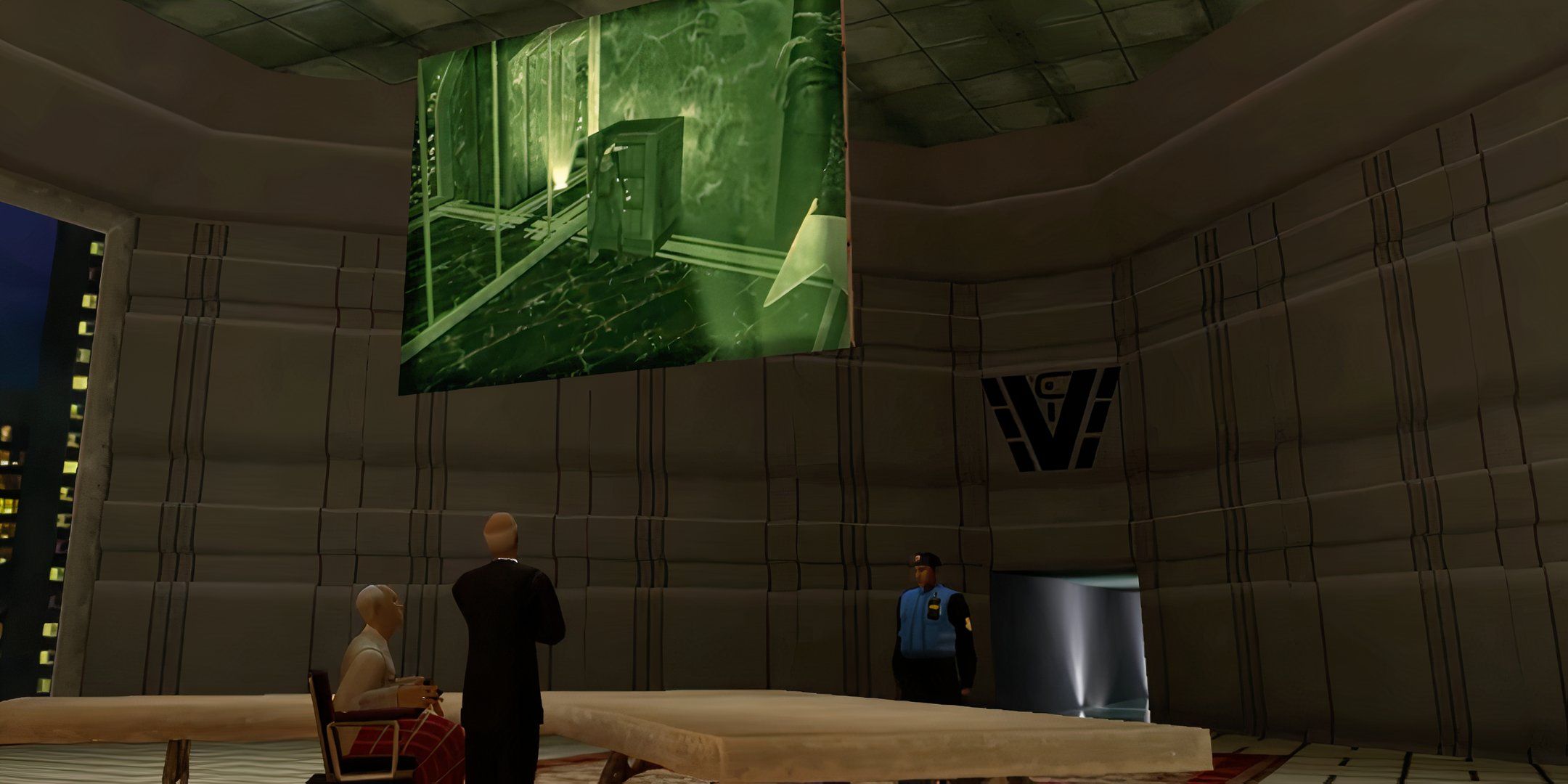 Von Croy sees footage of Lara on a large scren in a corporate room.