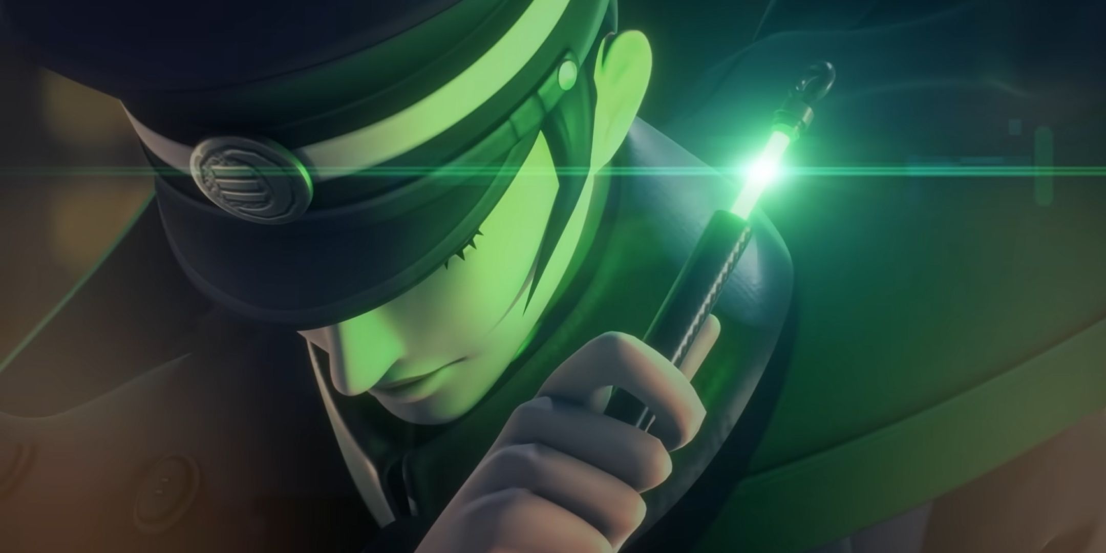 A detective holding a green wand