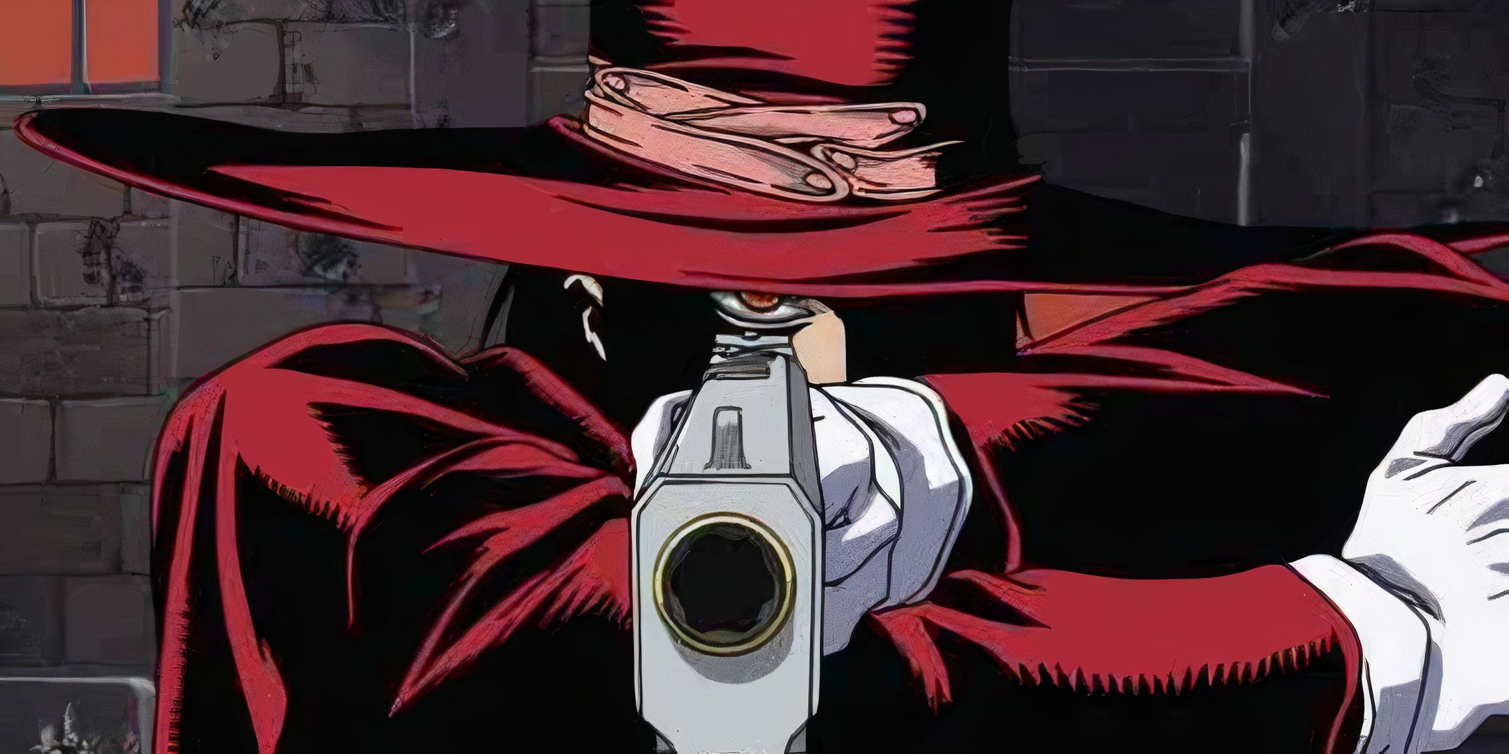 Alucard pointing a gun in the Hellsing 2001 anime.