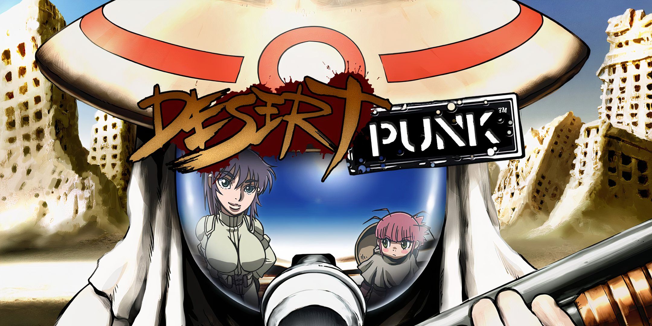 Kanta Mizuno in Desert Punk together with Junko and Taiko reflected in his visor.