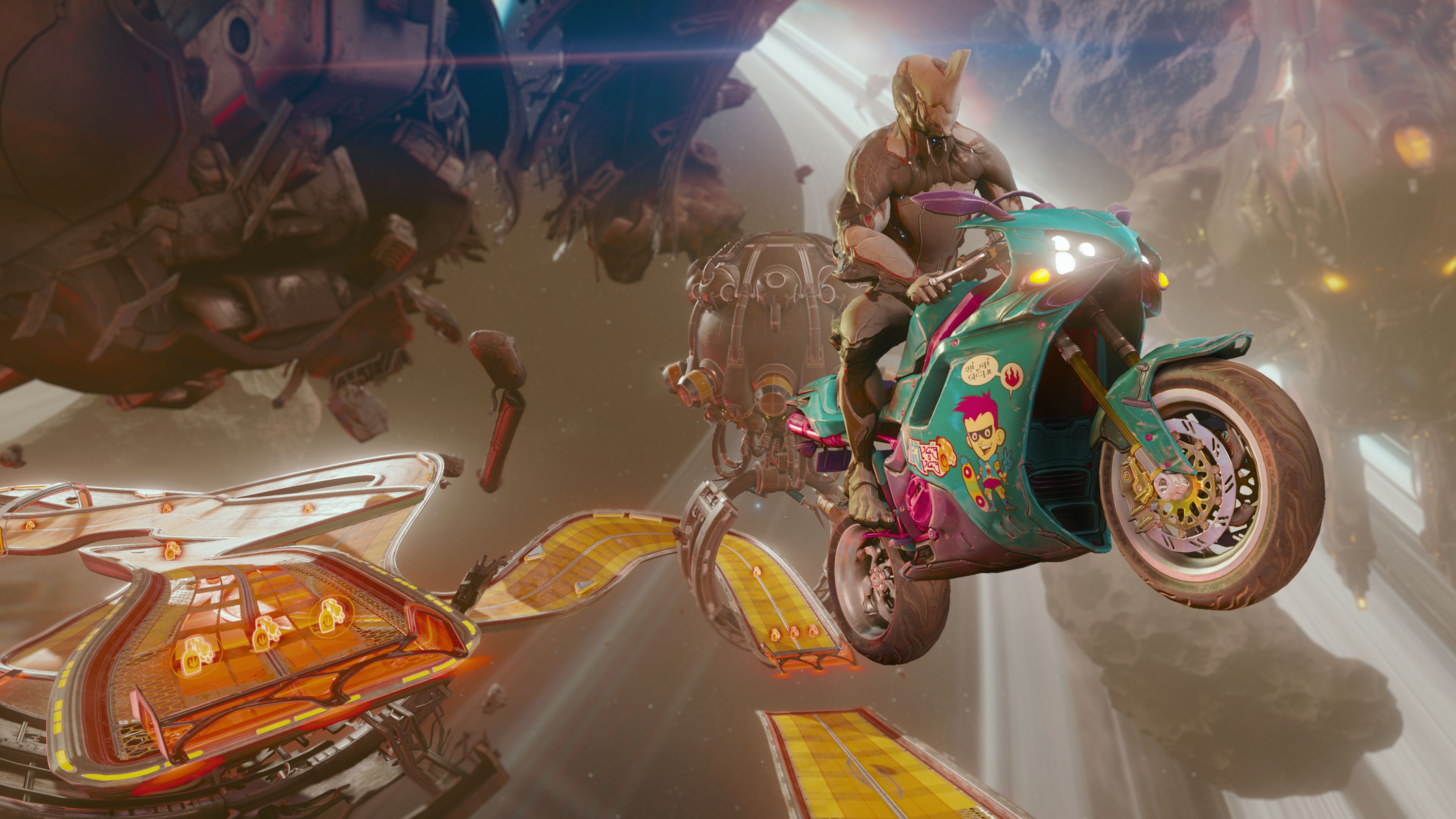 Excalibur riding an atomicycle in Warframe.