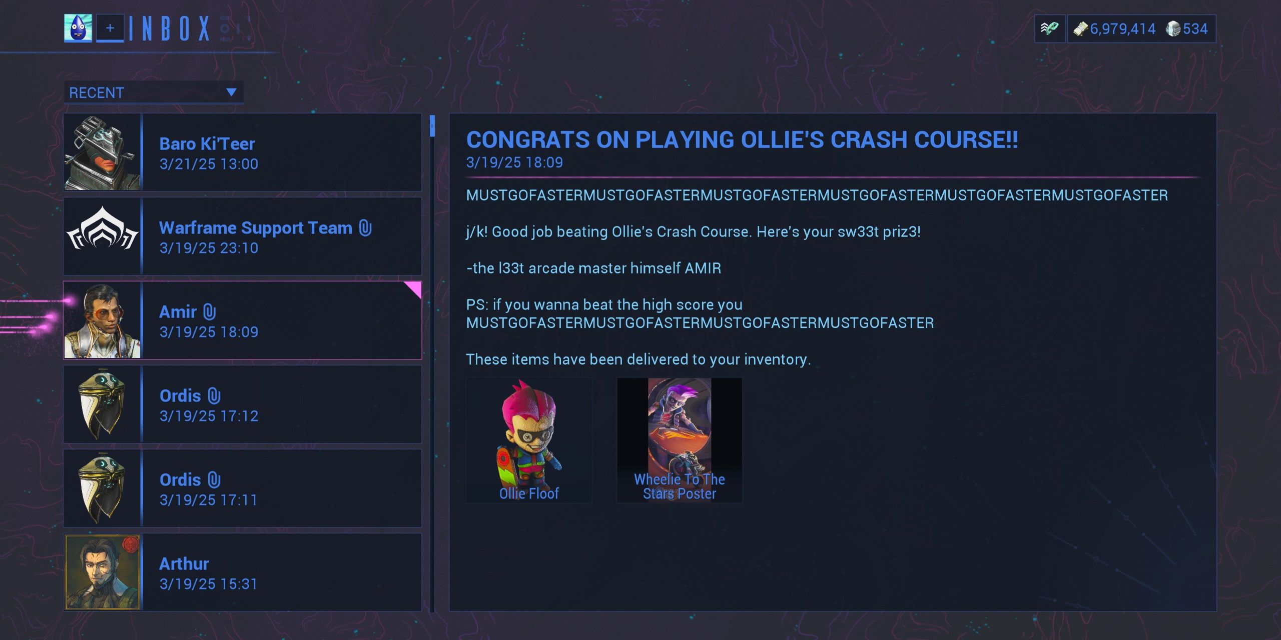 The Rewards in the tenno inbox for completing Ollie&rsquo;s Crash Course for the first time in Warframe.