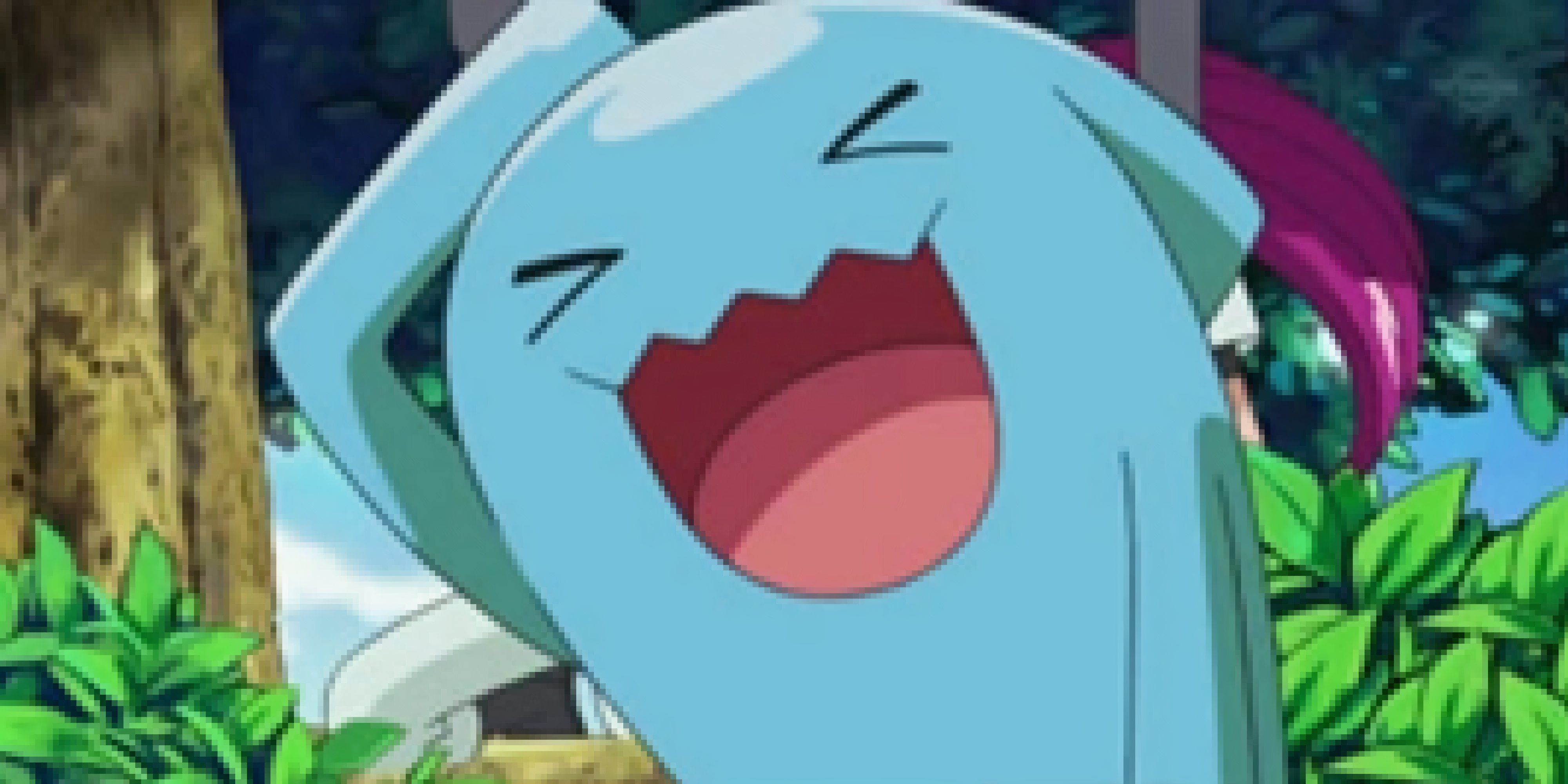 Wobuffet smiling and laughing in the Pokemon anime.