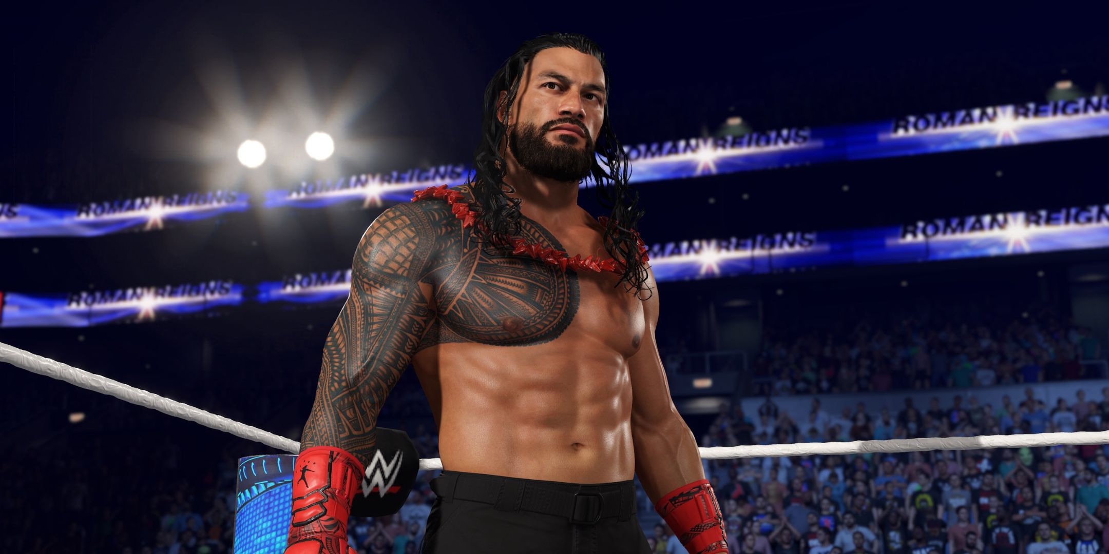 WWE 2K25 screenshot of Roman Reigns in the corner of the ring.