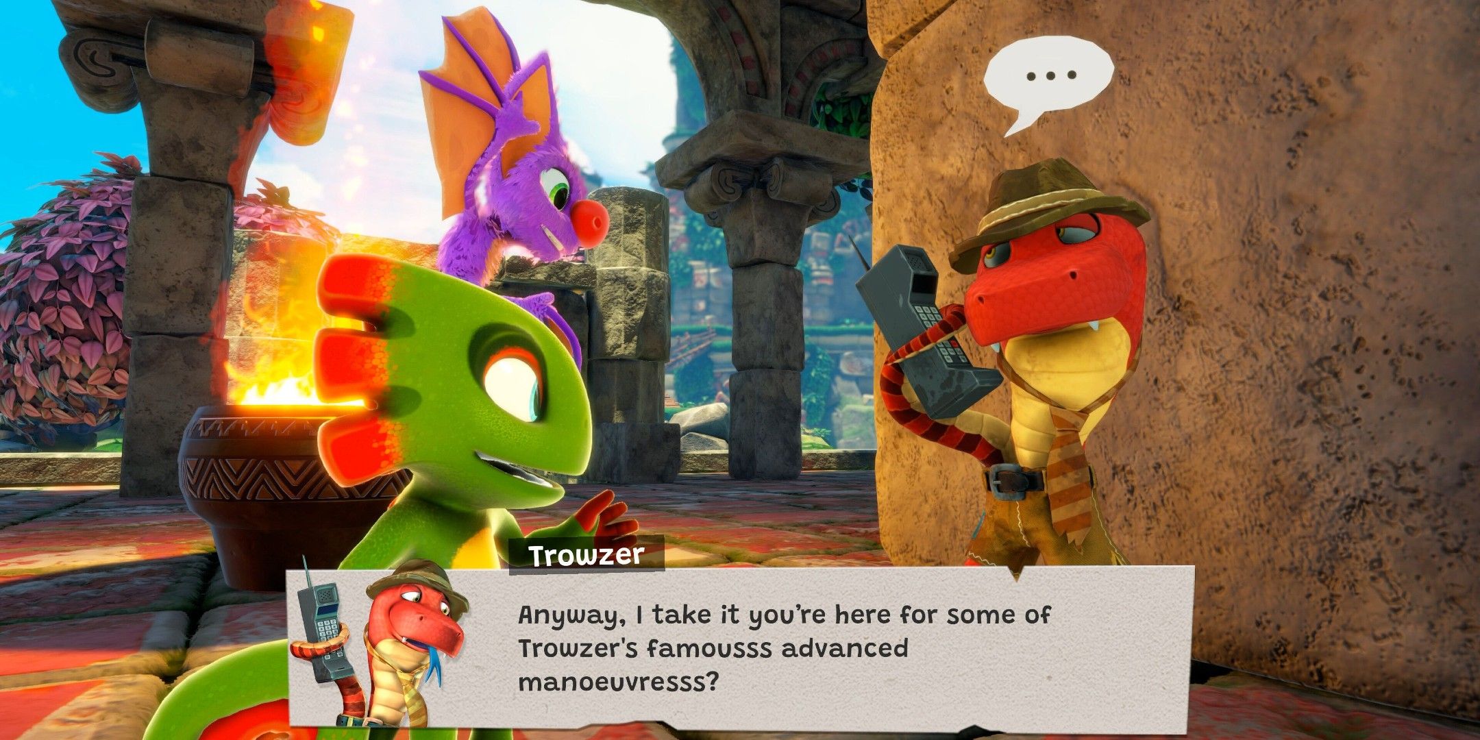 Yooka and Laylee in Yooka-Replaylee talking to Trowzer.