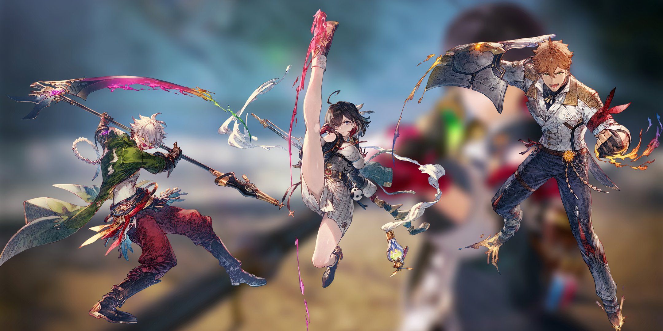 From left to right, Party member Rutger, Protagonist Yumia, and Party member Viktor are in their battle poses from the game Atelier Yumia: The Alchemist of Memories and the Envisioned Land.