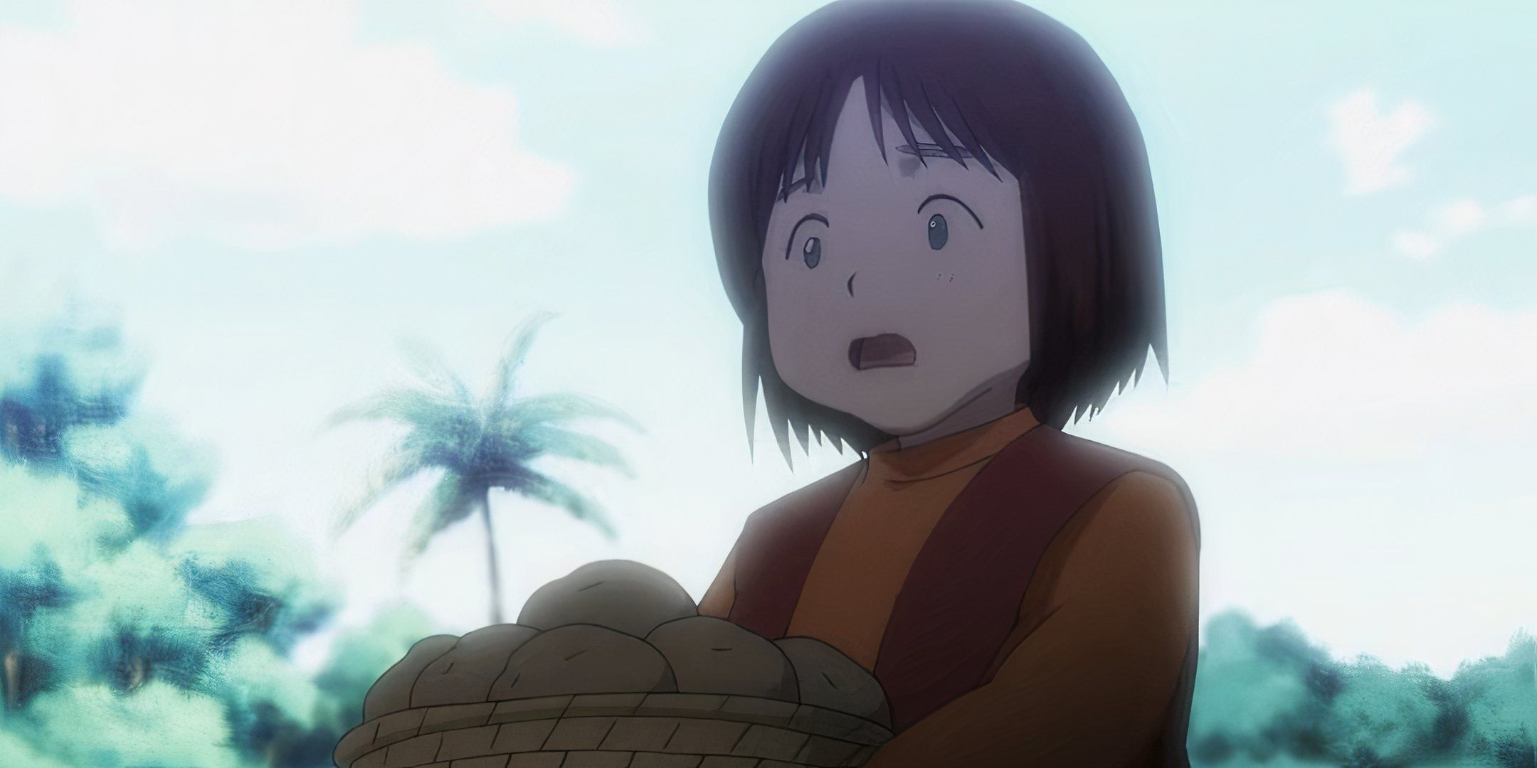 A little girl from Hunter X Hunter is frightened with a basket of potatoes.