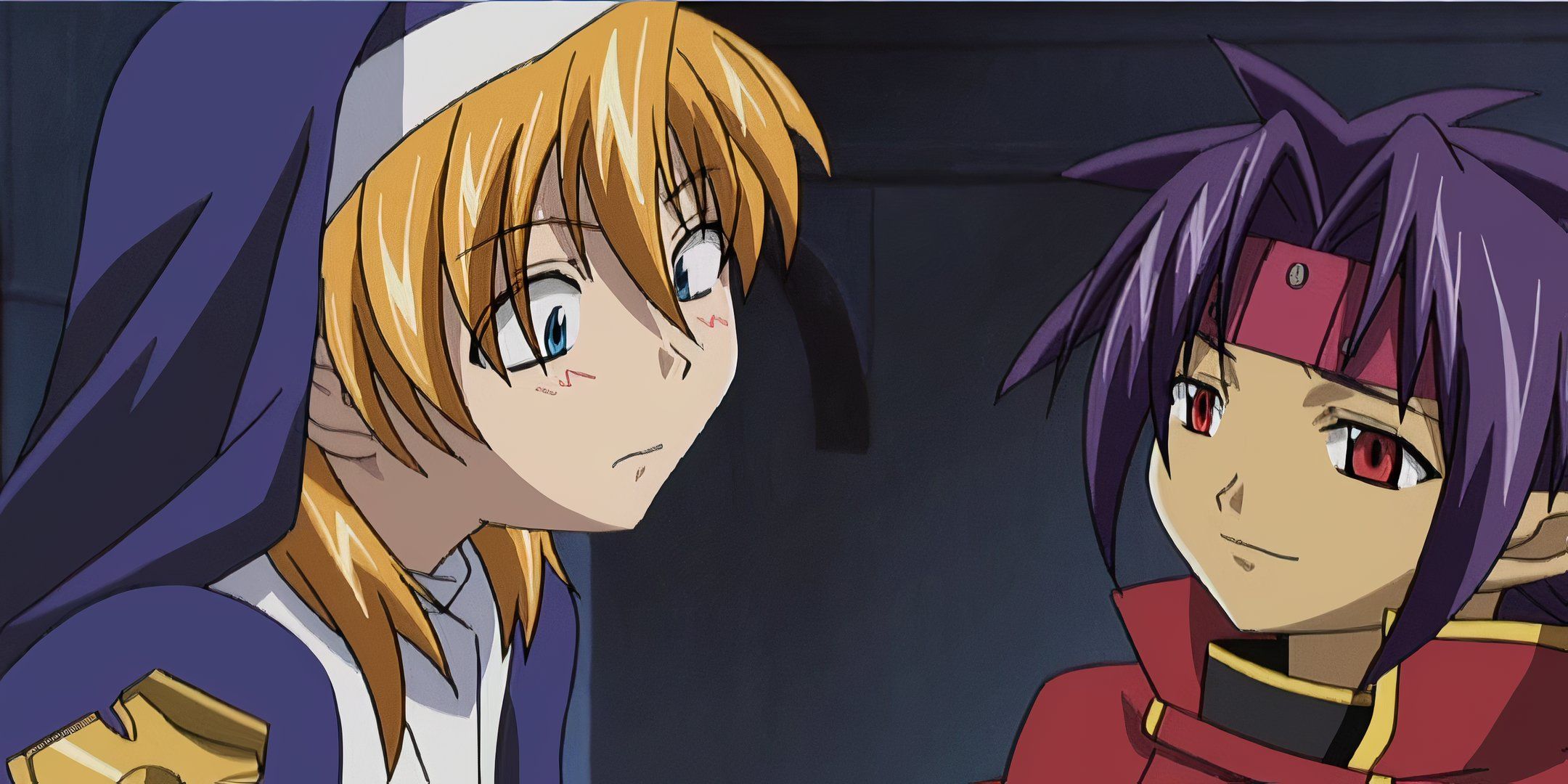 A still image from Chrono Crusade, showing the two main characters sharing a funny moment.