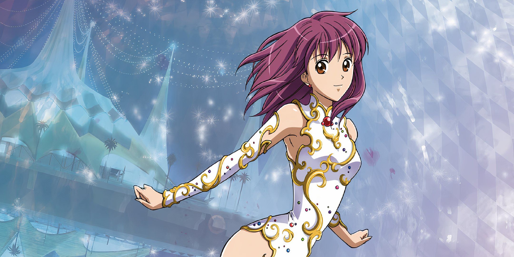 A still image from Kaleido Star, showing the main character performing while wearing an acrobat's dress.