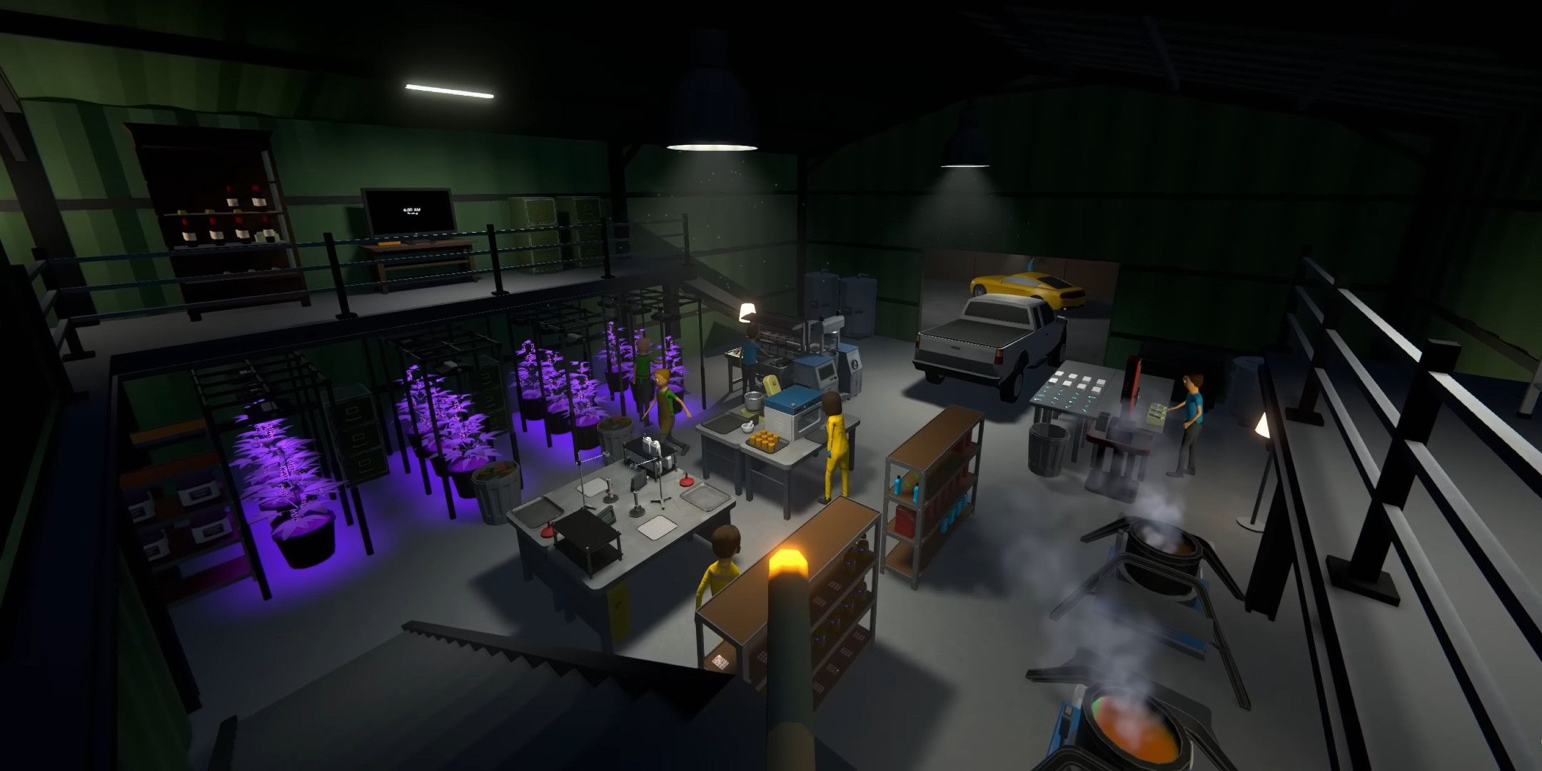 A warehouse full of people and shelves and plants