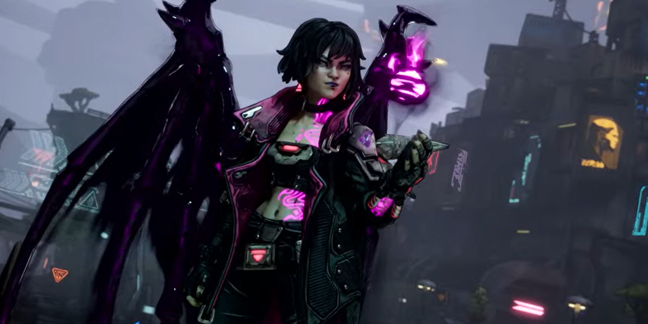 A woman glowing purple with bat wings in Borderlands 4