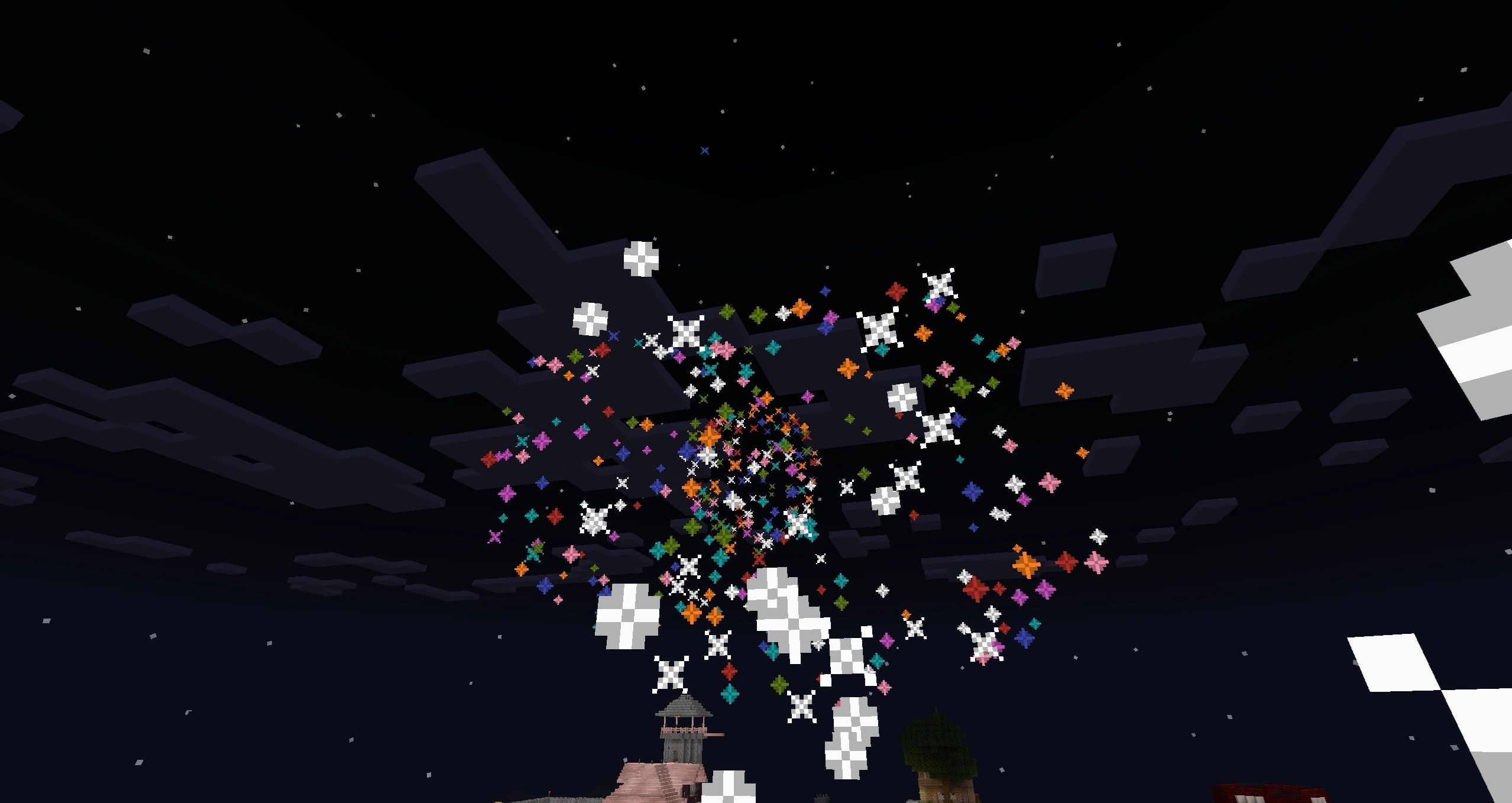 A trail of white particles leading to a multiclored explosion in the night sky in Minecraft.