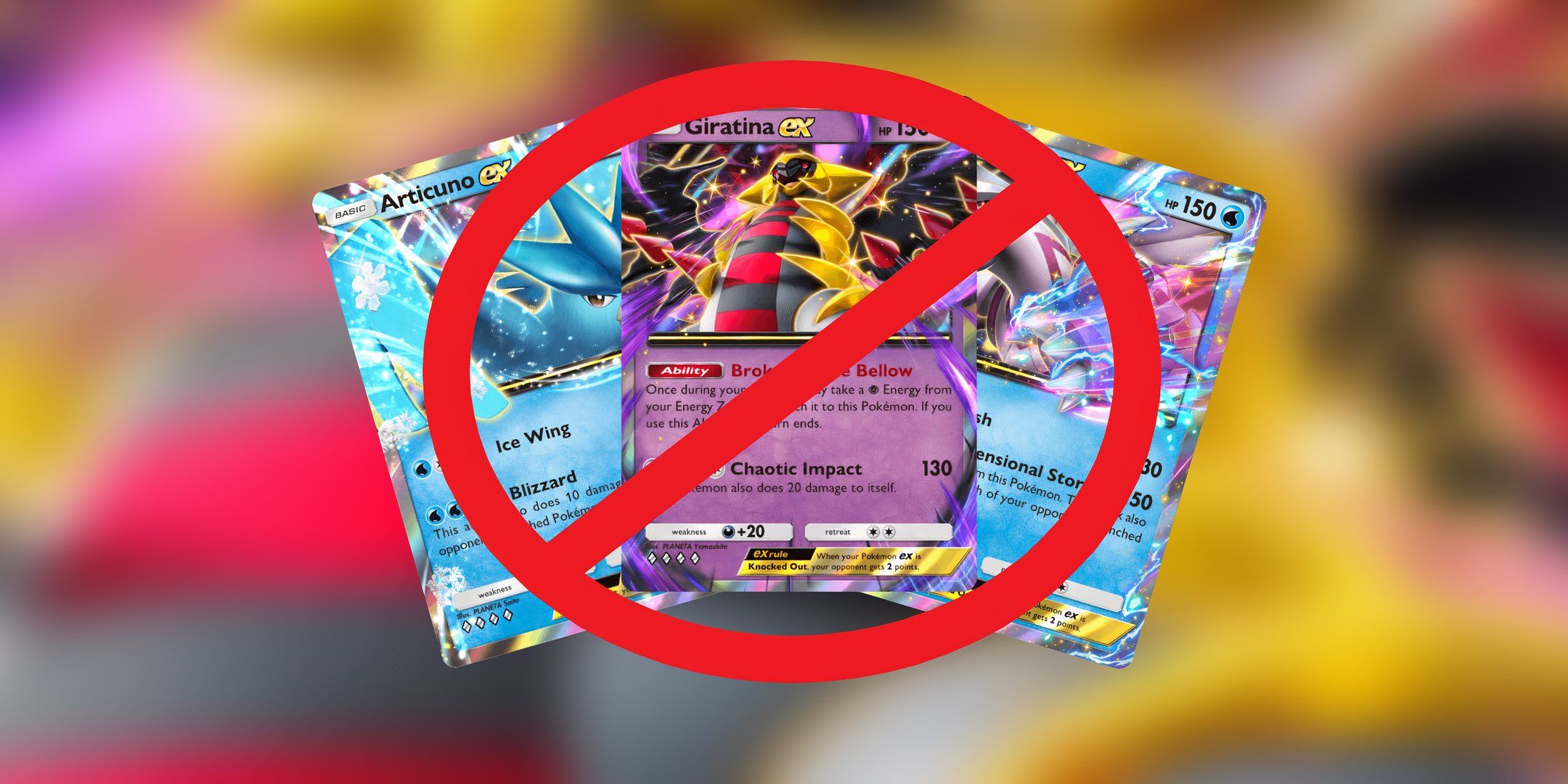 articuno ex, palkia ex, and giratina ex behind a stop sign.