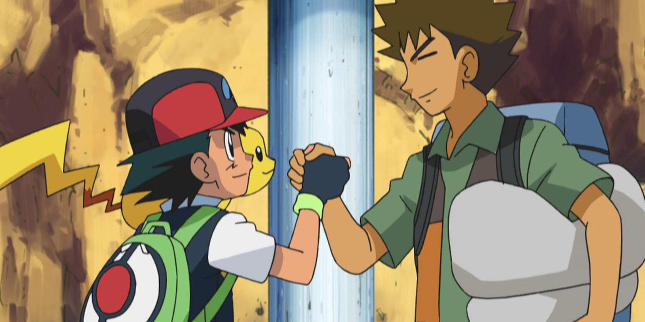 Ash and Brock shake hands in the Pokemon anime.