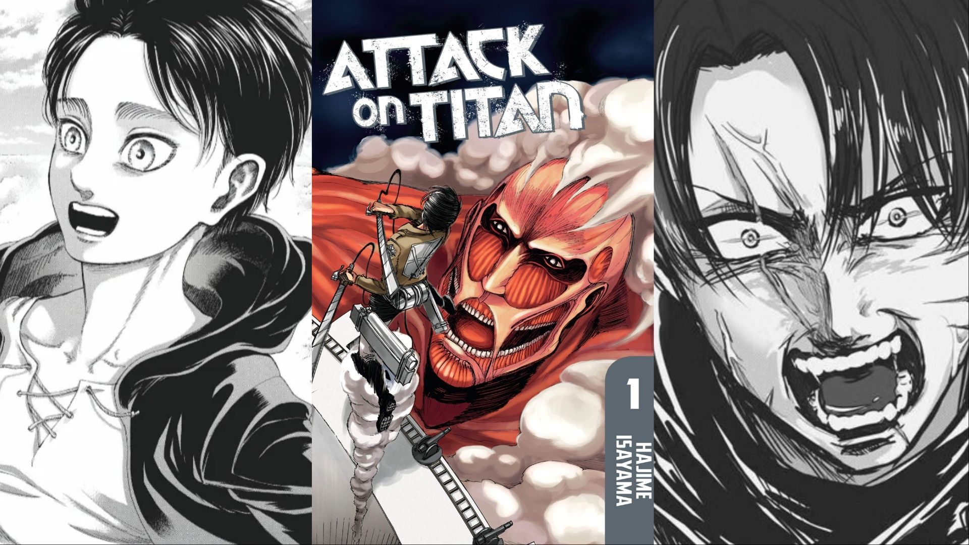 A collage of images showcasing panels and cover art from the manga Attack on Titan.