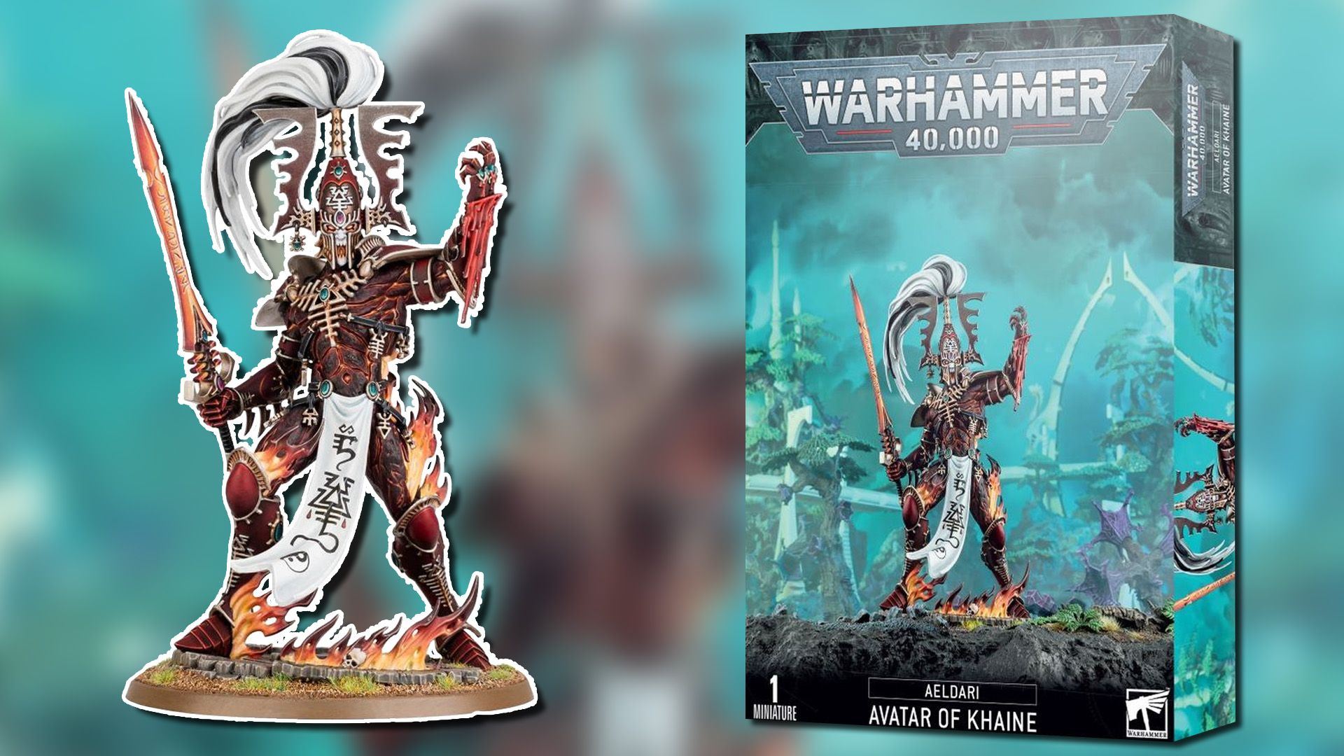 Warhamer's 40,000 Khayin Product Box and small incarnation.