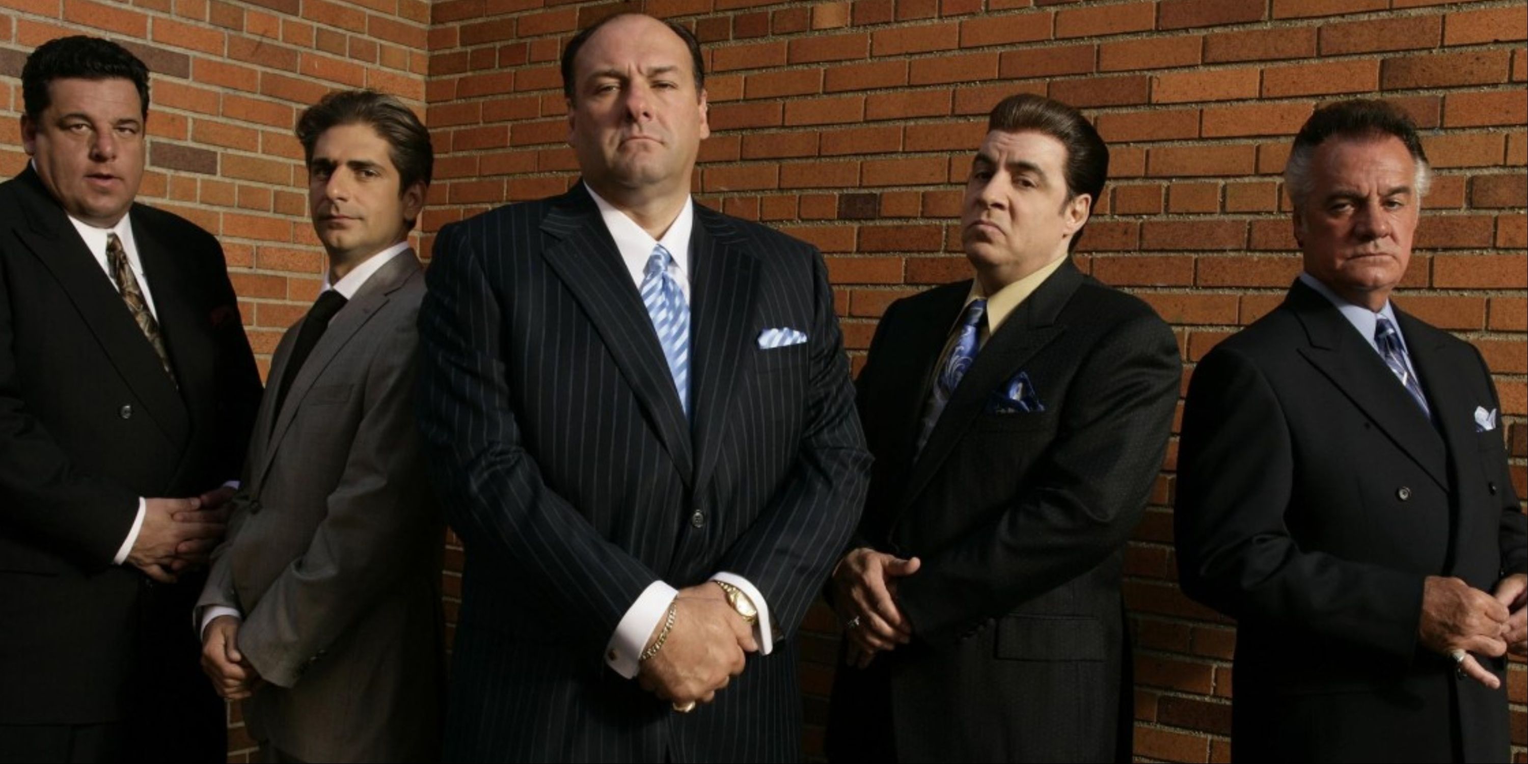 Bobby, Christopher Moltisanti, Tony Soprano, Silvio, and Paulie posing together for The Sopranos.