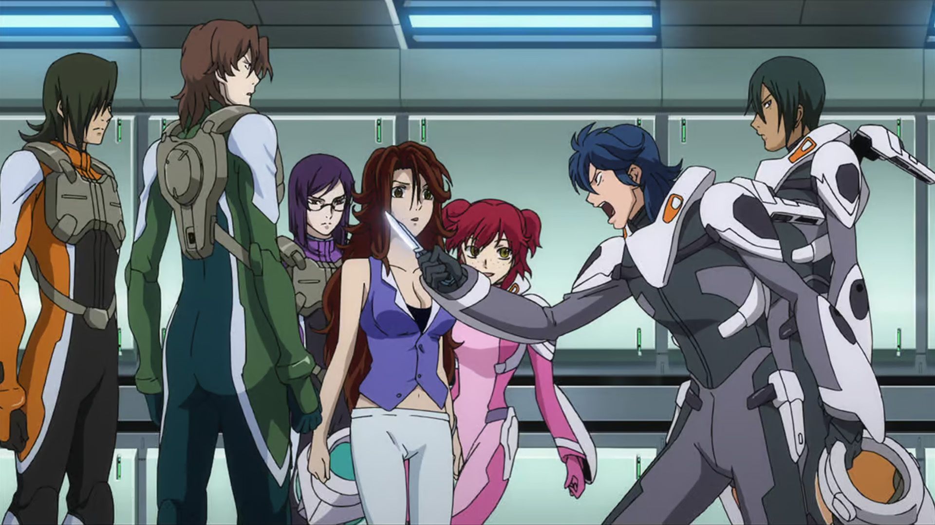Characters are arguing in spaceship in Mobile Suit Gundam 00.