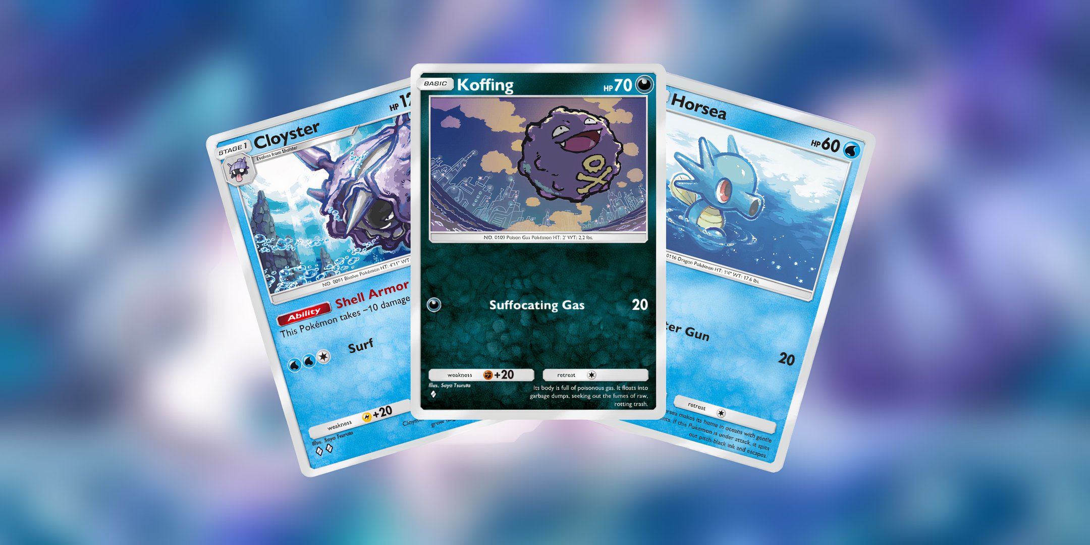 cloyster koffing and horsea cards from pokemon tcg pocket&rsquo;s genetic apex.
