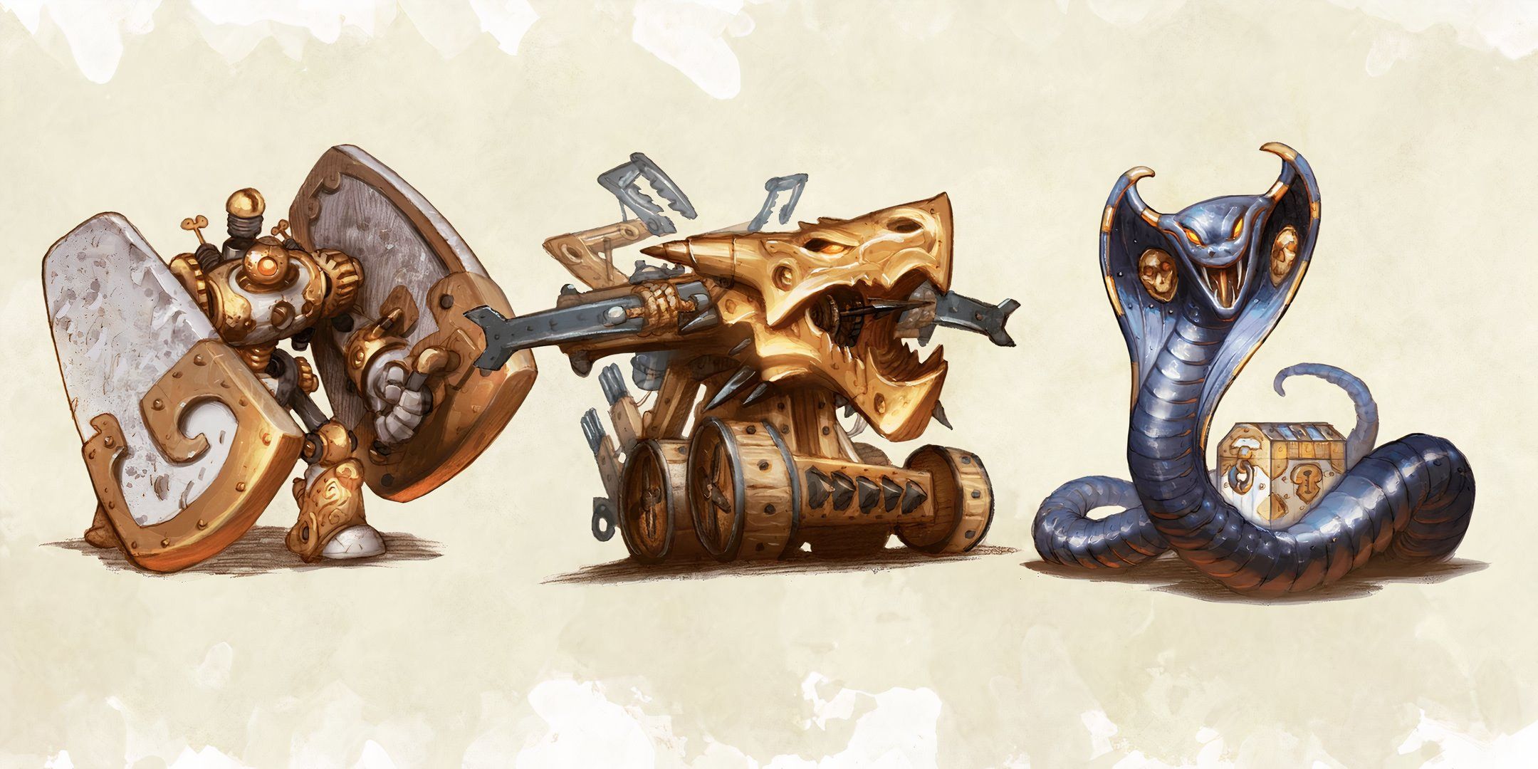 Clockwork stone defender, oaken bolter, and iron cobra from dungeons and dragons.