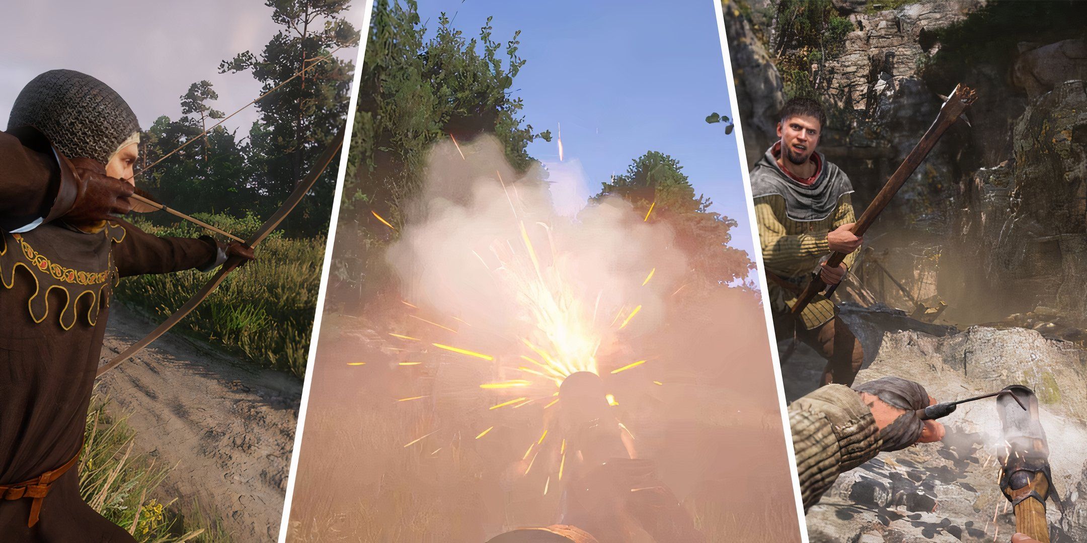 Split image showing an archer firing a bow, first person view of an old gun firing, and firing a gun at a soldier in kingdom come deliverance 2.