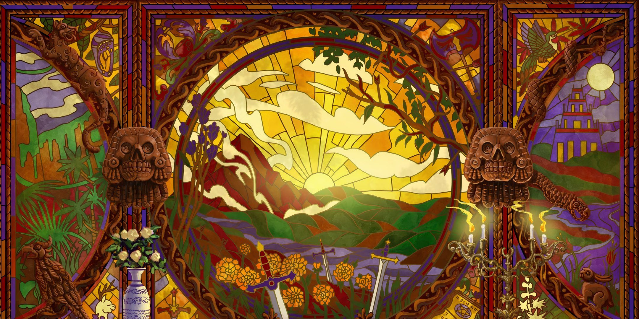 A stained glass window featuring a sunrise, skulls, and a field of swords.
