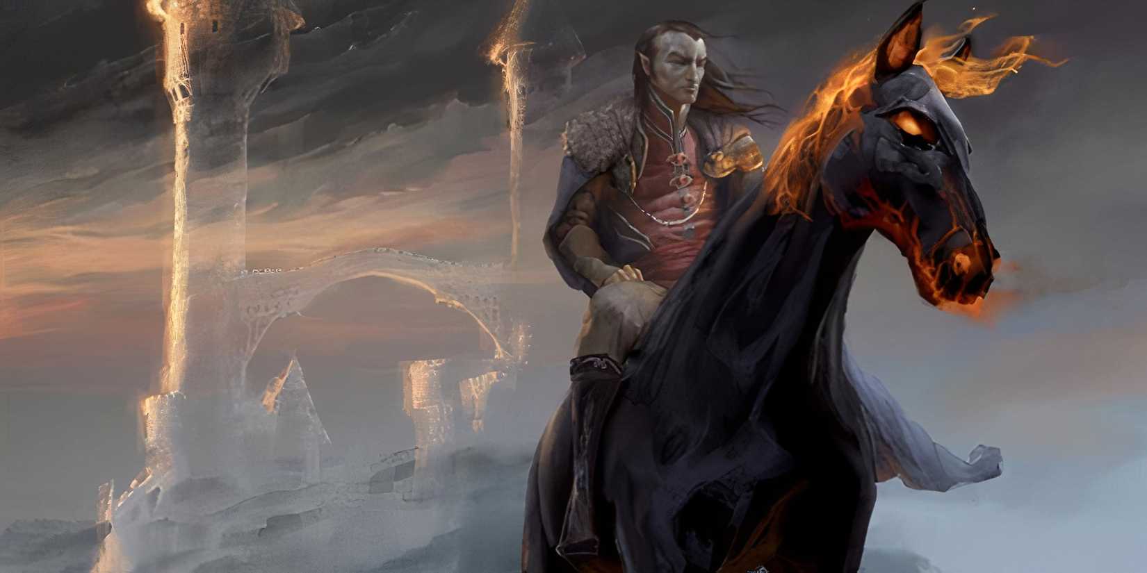 Strahd staring into the mists on his nightmare steed in Dungeons & Dragons.