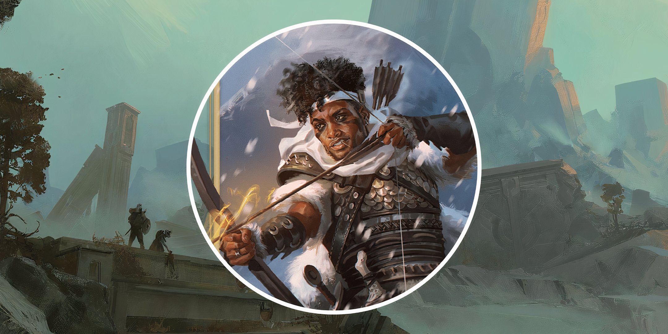 A split image of a ranger drawing a bow with an ancient ruin in DnD.