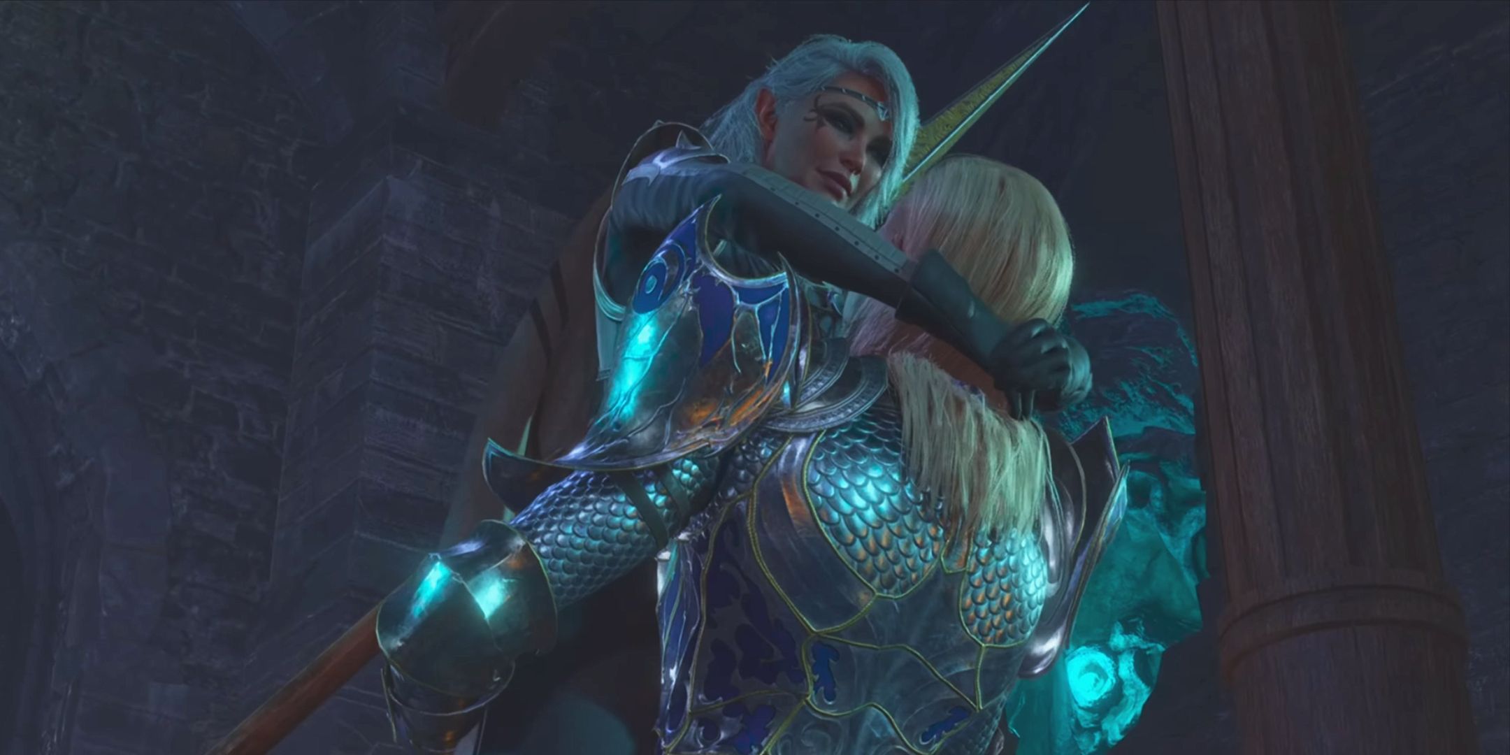 Dame Aylin holding up Isobel in a loving embrace in Baldur's Gate 3.