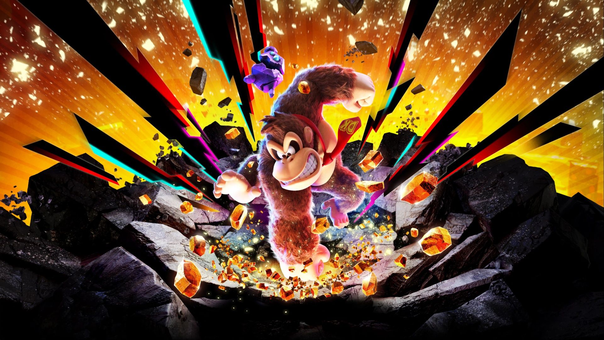 Key Art for Donkey Kong Bananza, showcasing Donkey Kong punching through the ground beneath him with a fierce expression on his face.