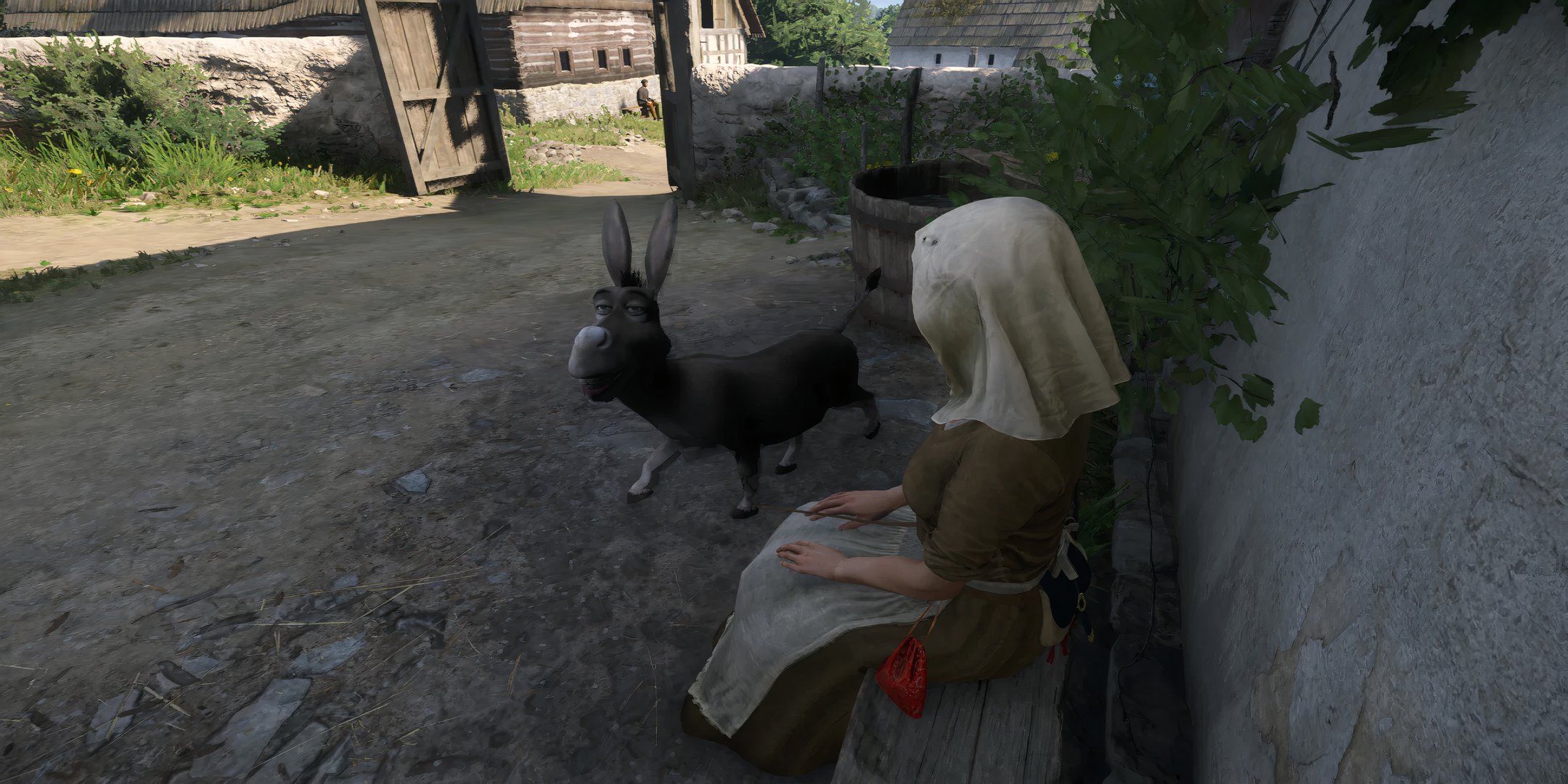 donkey outside a kingdom come deliverance 2 bathhouse.