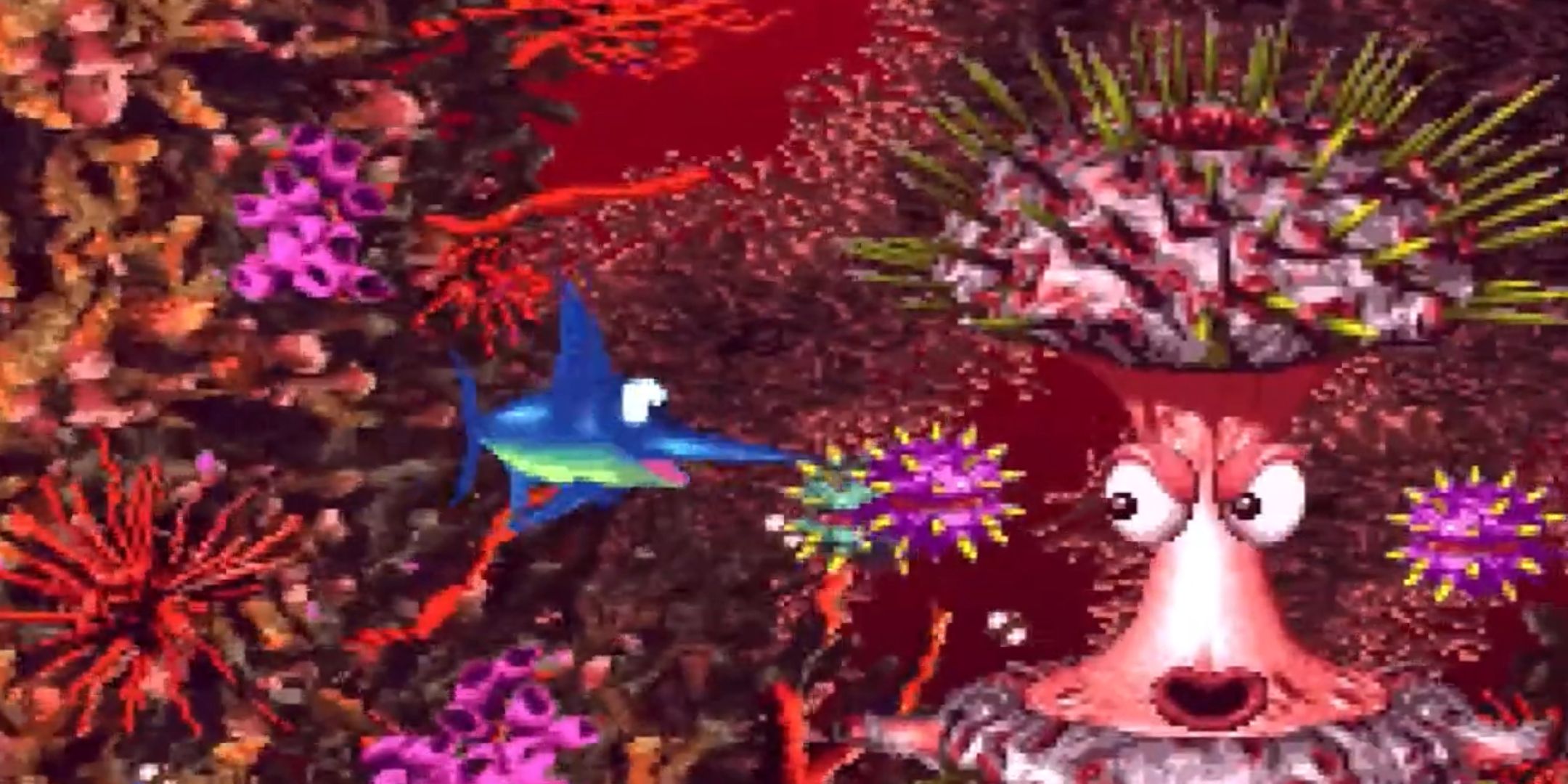 Enguarde the swordfish fighting Barbos the boss in Donkey Kong Country 3: Dixie Kong's Double Trouble.
