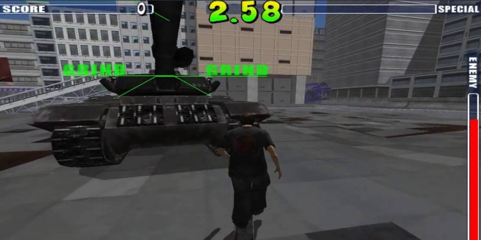 Fighting the tank boss from the Skateboard of Evolution. 