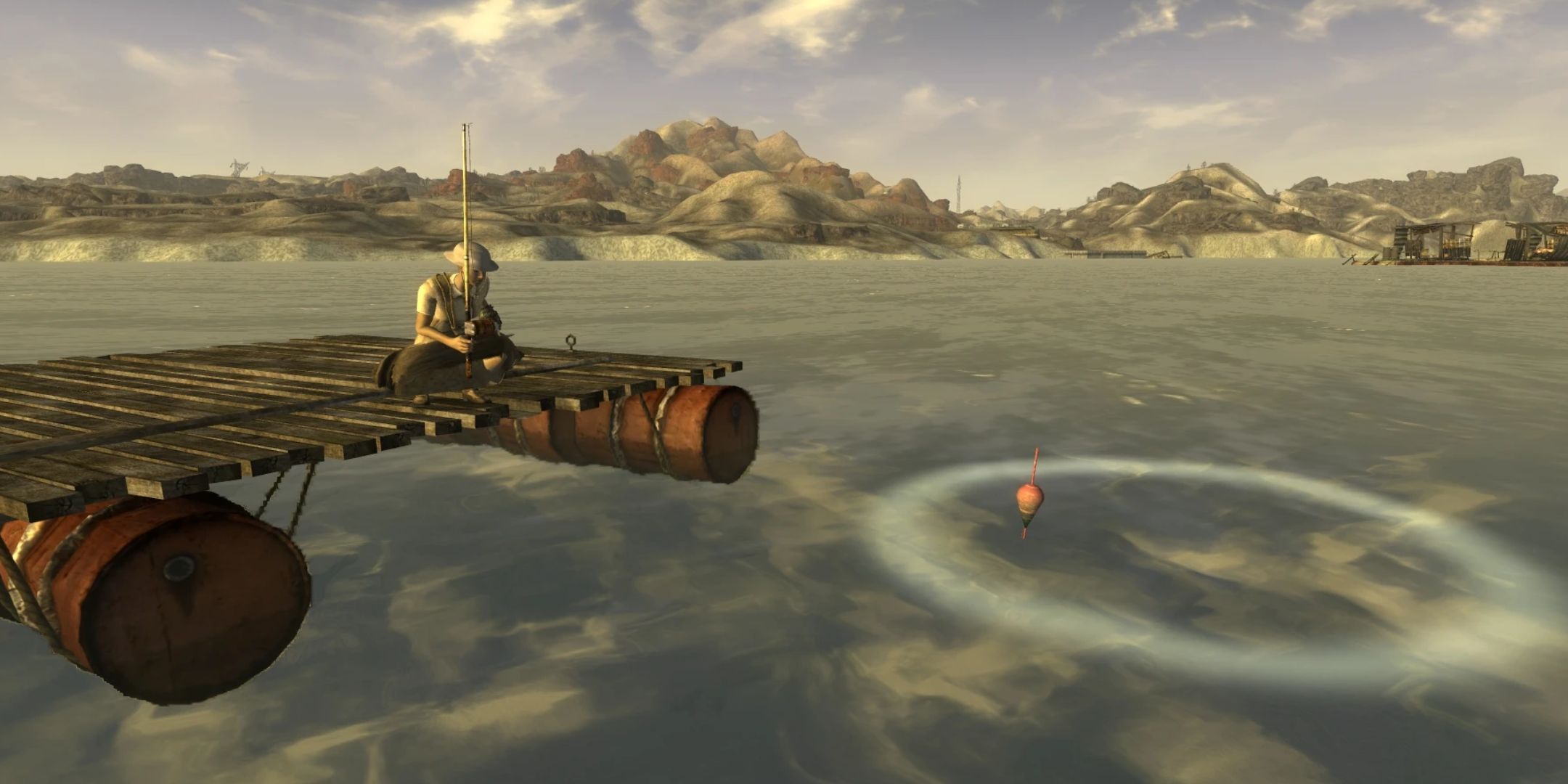 A character using a fishing rod in a lake in Fallout: New Vegas