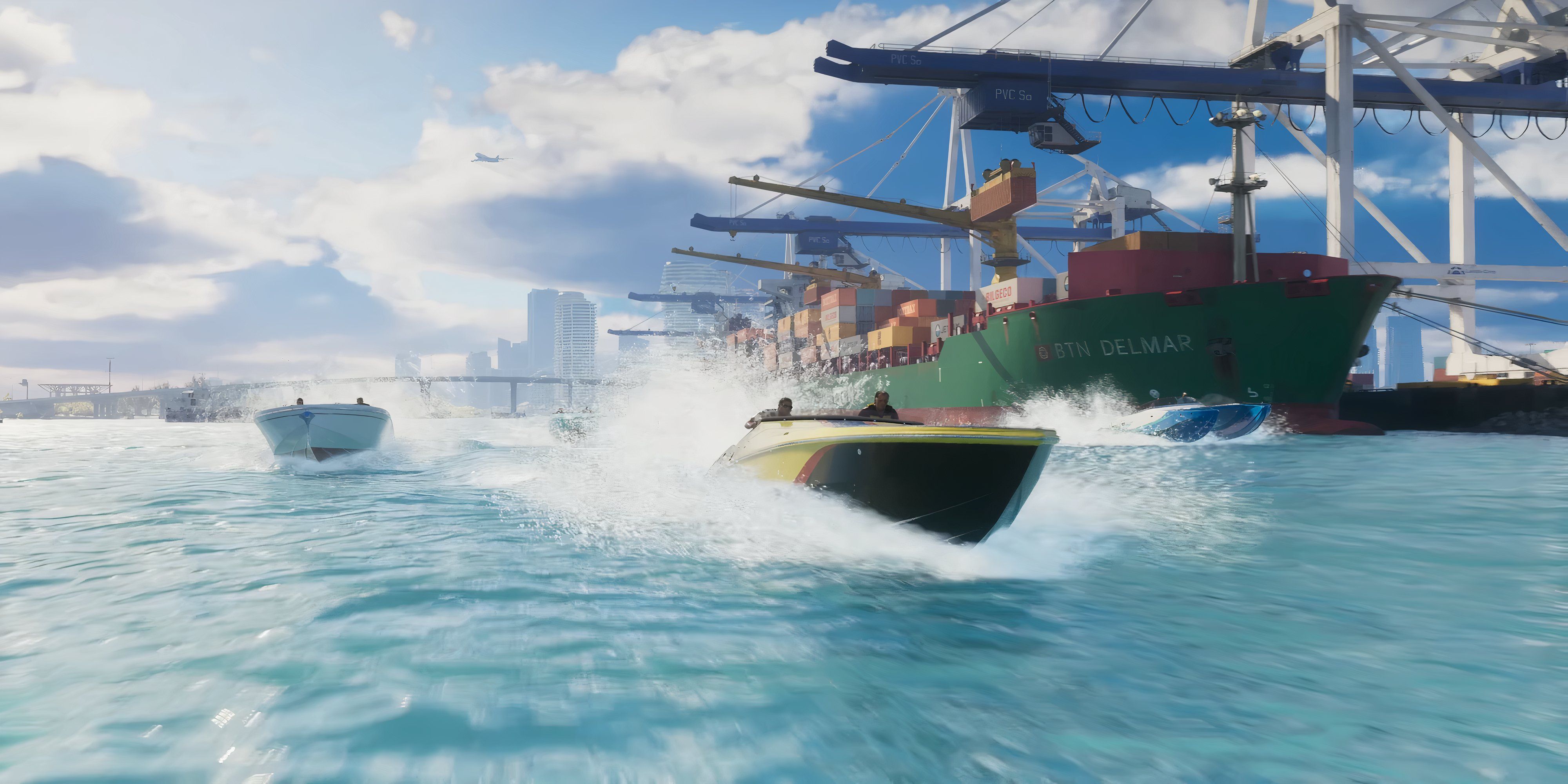 four speedboats whizz past a shipping boat in gta 6.