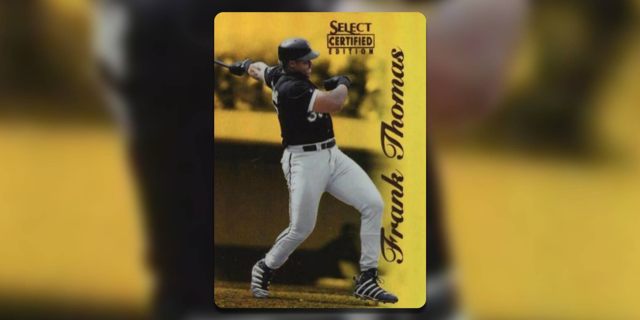 Frank Tomas is shown batting on a baseball card with a gold background.