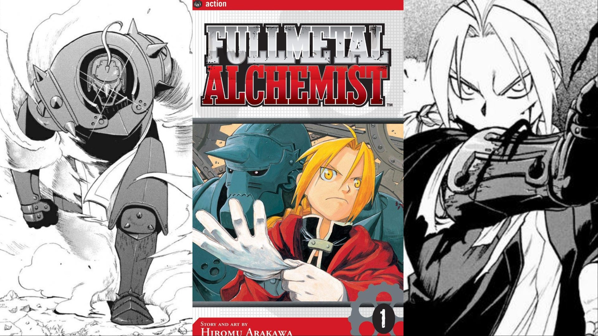A collage of images showcasing panels and cover art from the manga Fullmetal Alchemist.