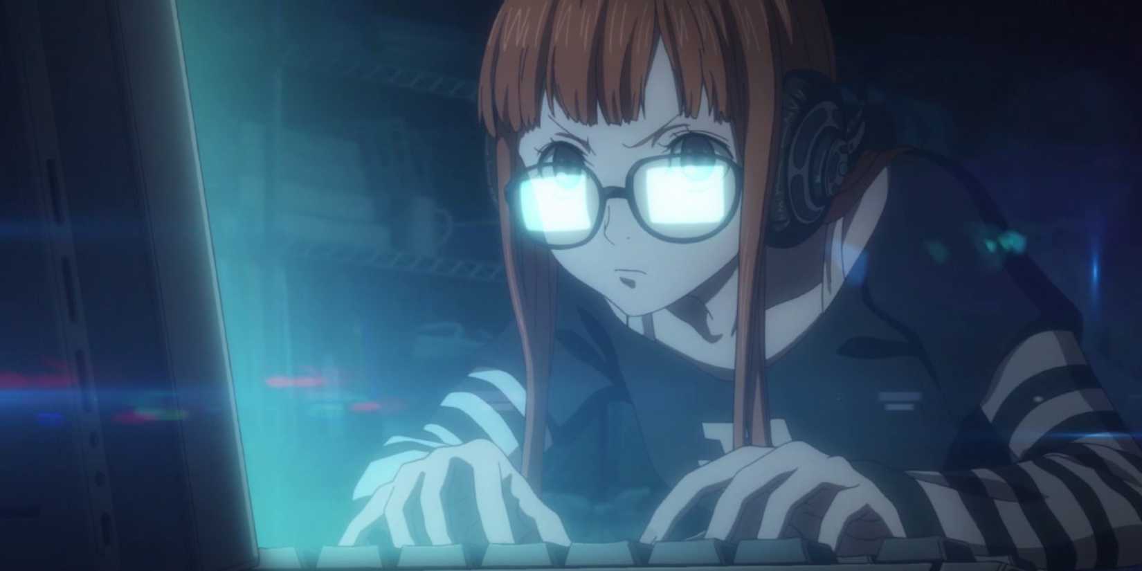 Futaba Sakura typically types in Persona 5 with expressions focused on computers.